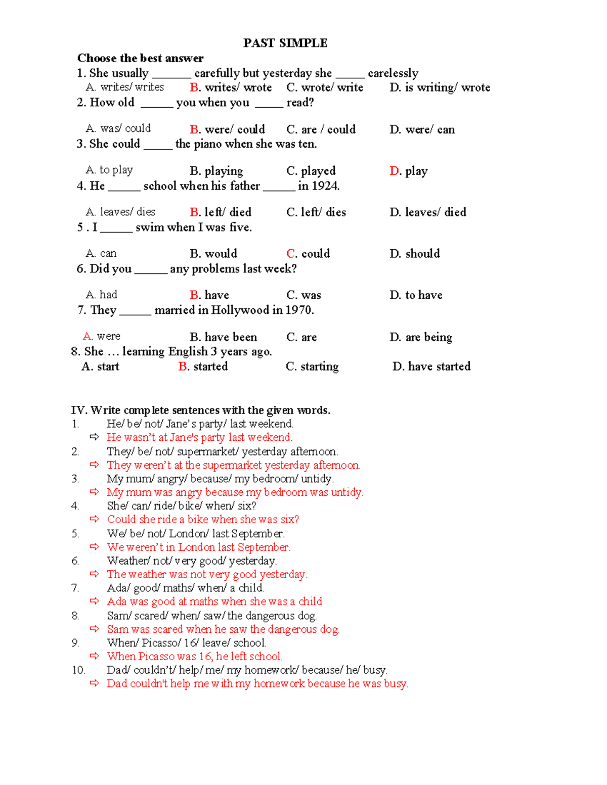 PAST SIMPLE Practice Questions and Answers (Loi Giai) - Studocu