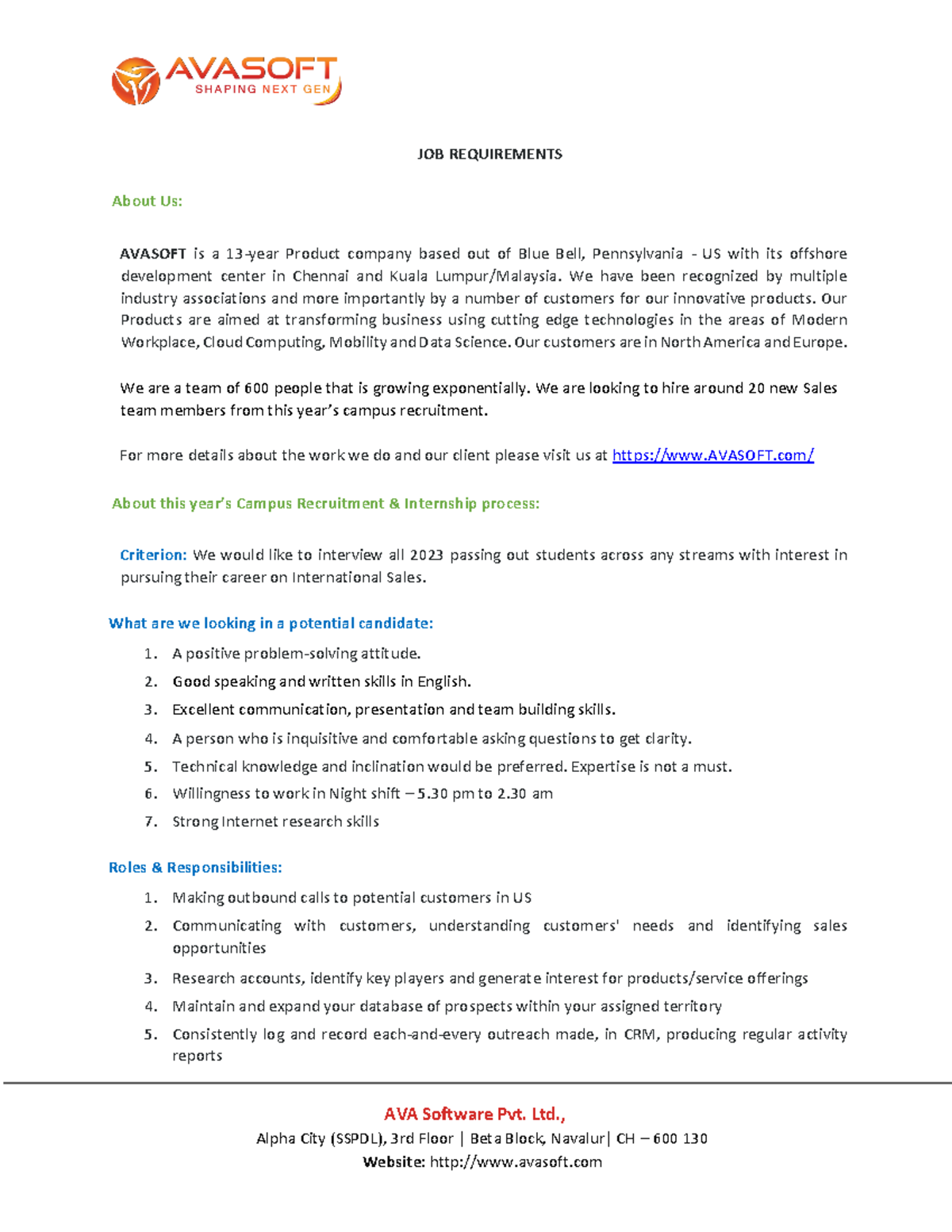 Avasoft BDE - 2023 Campus Recruitment & Job Requirements Overview - Studocu
