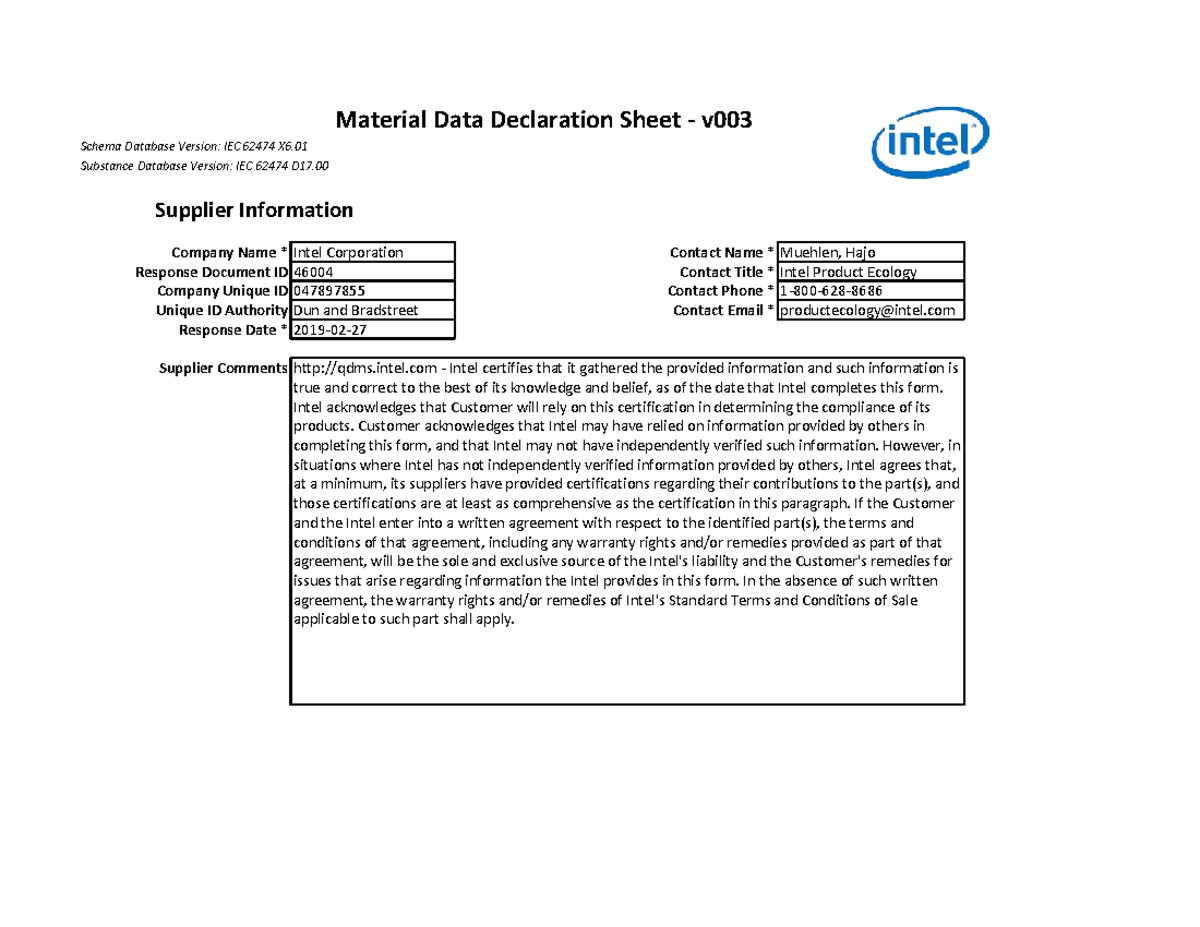 Material Data Declaration Sheet v003 - Intel Supplier Info (Doc ID ...