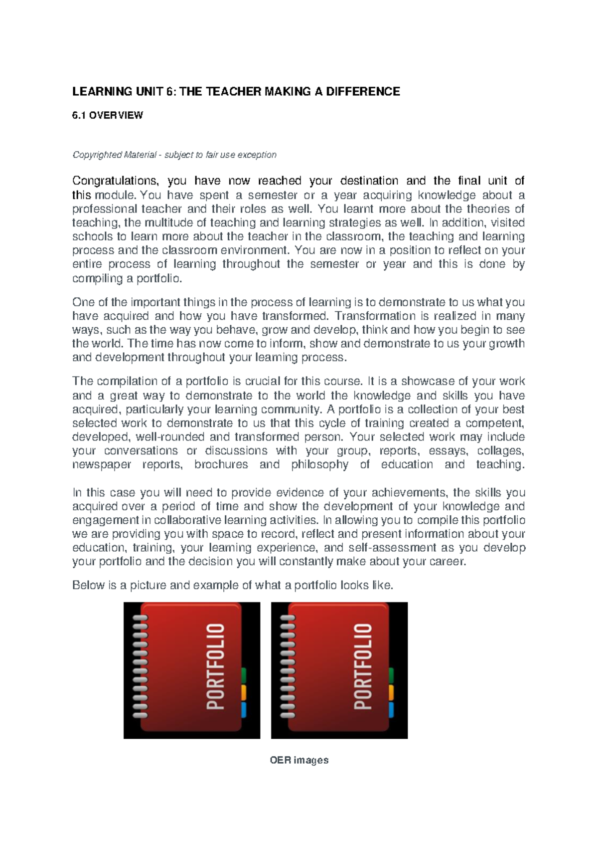 Learning Unit 6: Portfolio Creation Lecture Notes for Educators - Studocu