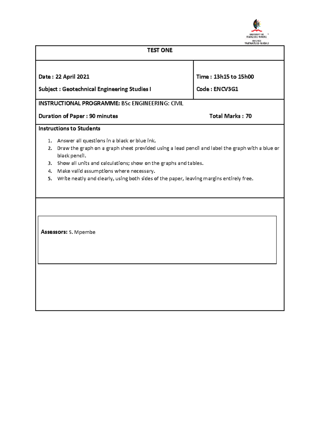 TEST ONE 2021 - practice material - TEST ONE Date : 22 April 2021 ...