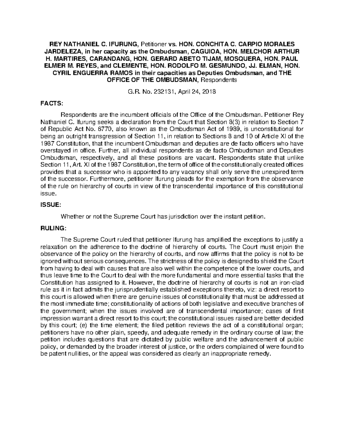 G.R. No. 232131: Ifurung vs. Carpio Morales - Constitutional ...