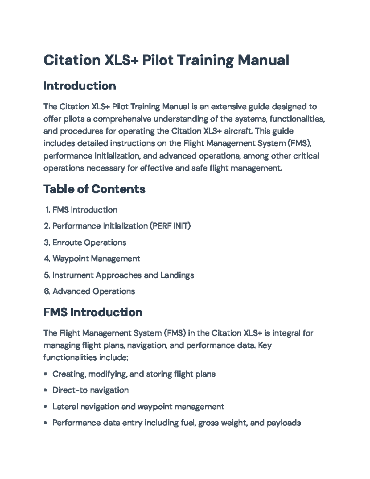 Citation XLS+ Pilot Training Manual: In-Depth FMS Operation Guide - Studocu