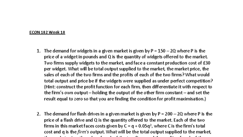 ECON 102 Week 10 Workshop: Profit Maximization & Game Theory - Studocu
