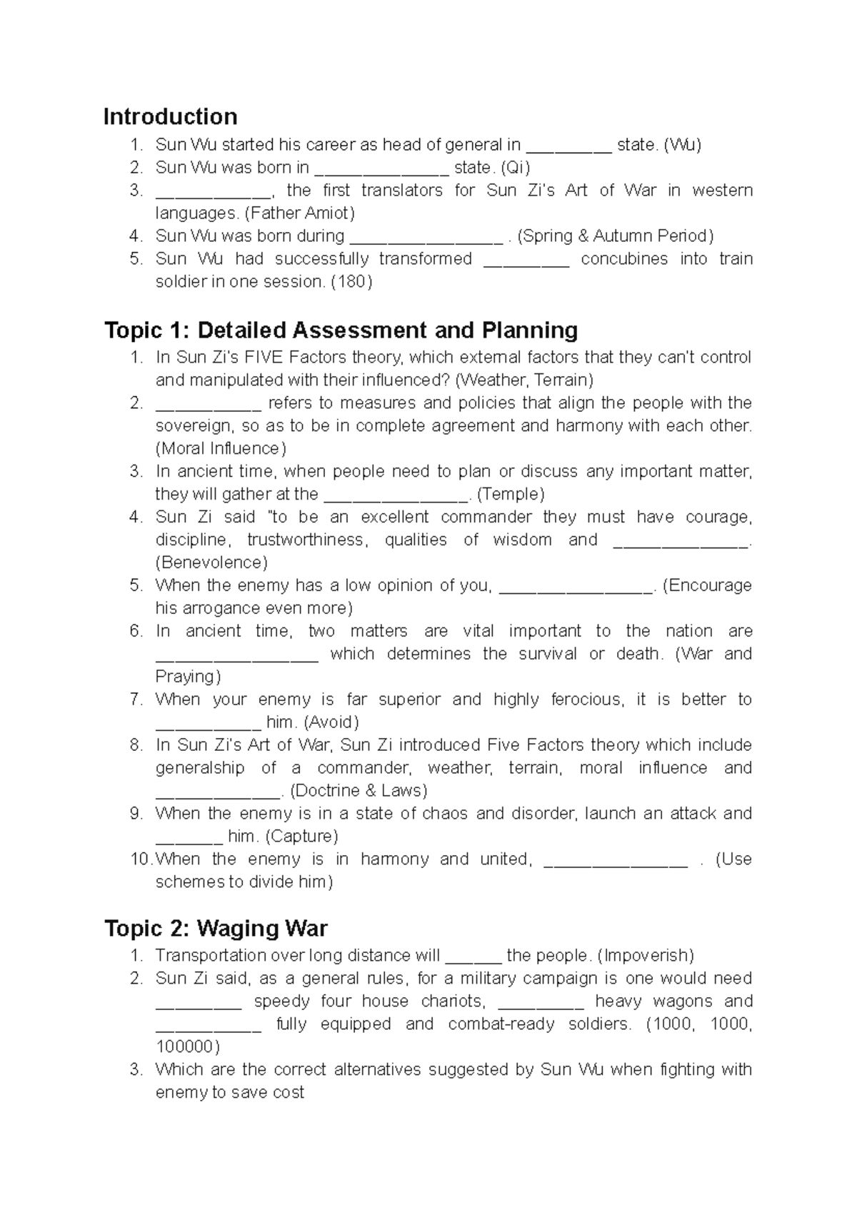 Quiz - Art of War Insights: Key Concepts and Questions - Studocu