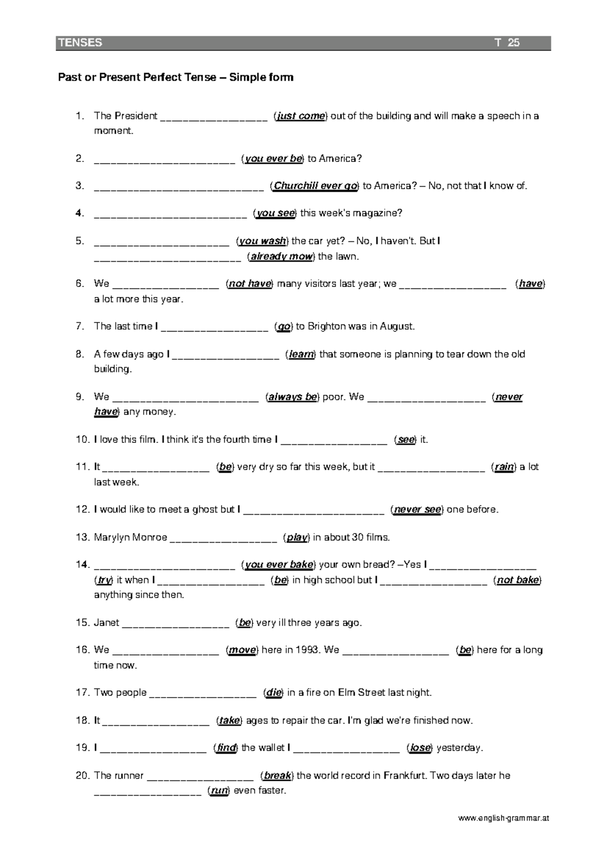 T25 - Past vs Present Perfect Tense: Grammar Exercises and Examples ...