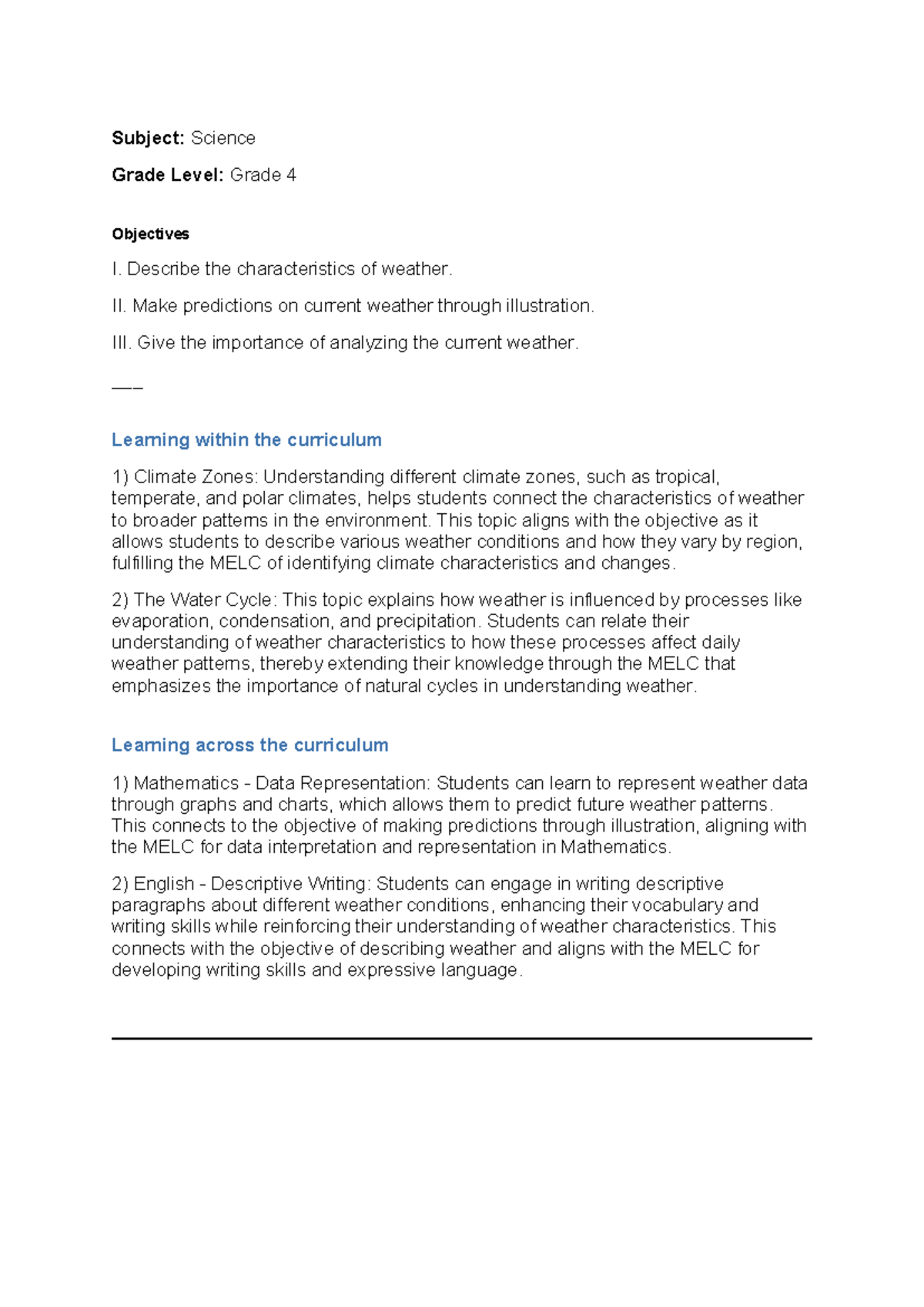 Science Lesson Plan: Understanding Weather for Grade 4 - Studocu