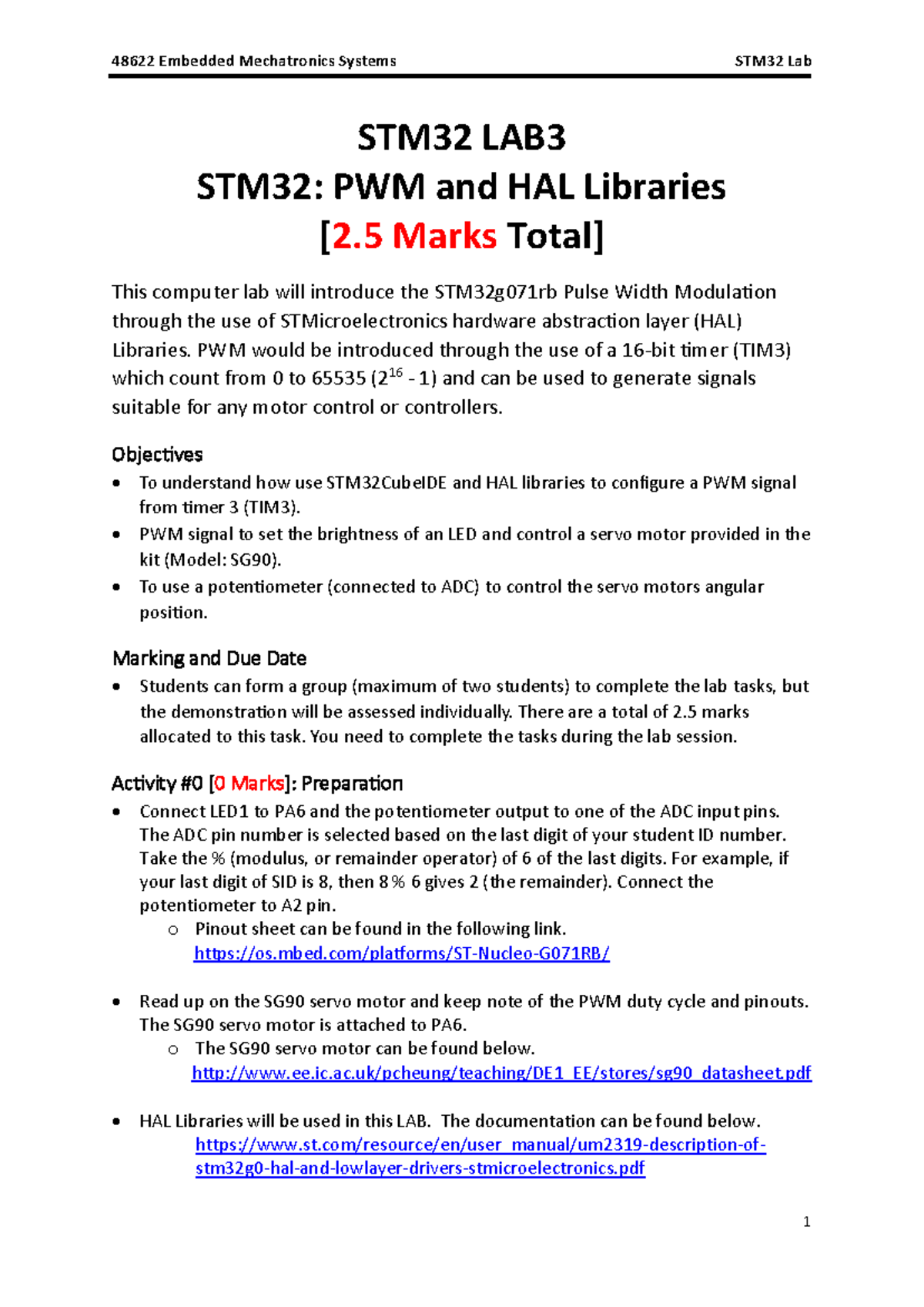 48622 Embedded Mechatronics Systems STM32 Lab 3: PWM and servo control ...