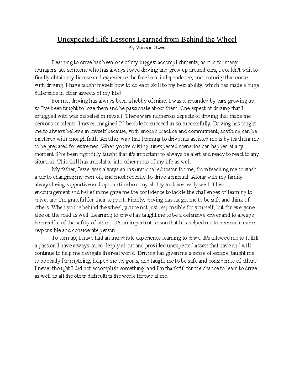 Essay Madison Owen - Unexpected Life Lessons Learned from Behind the ...