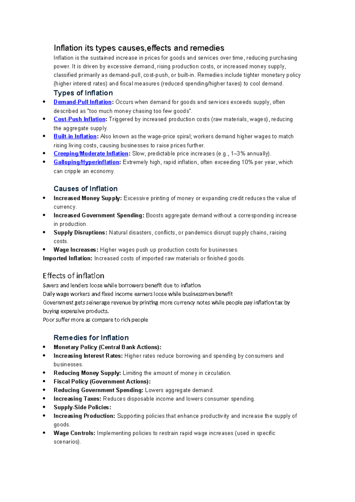 Inflation: Types, Causes, Effects, and Remedies Explained - Studocu