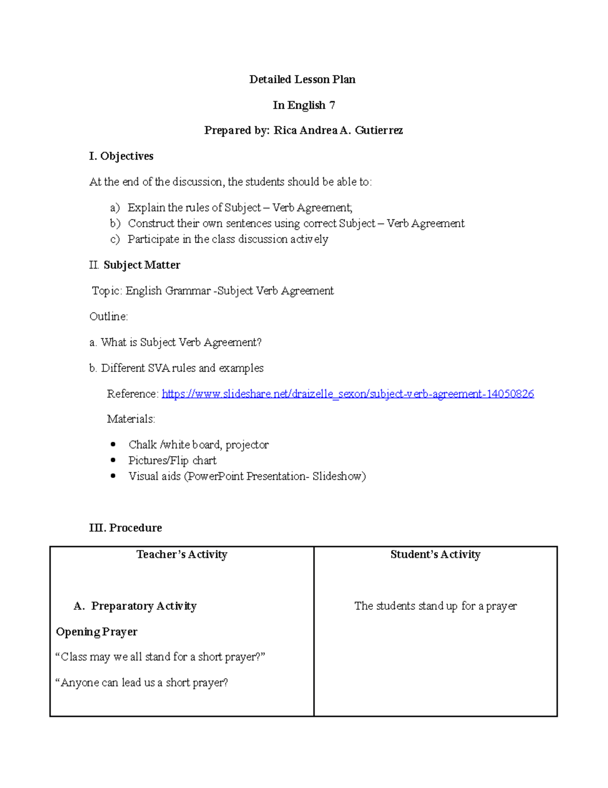 Detailed Lesson Plan: Subject-Verb Agreement - ENG 7 - Studocu