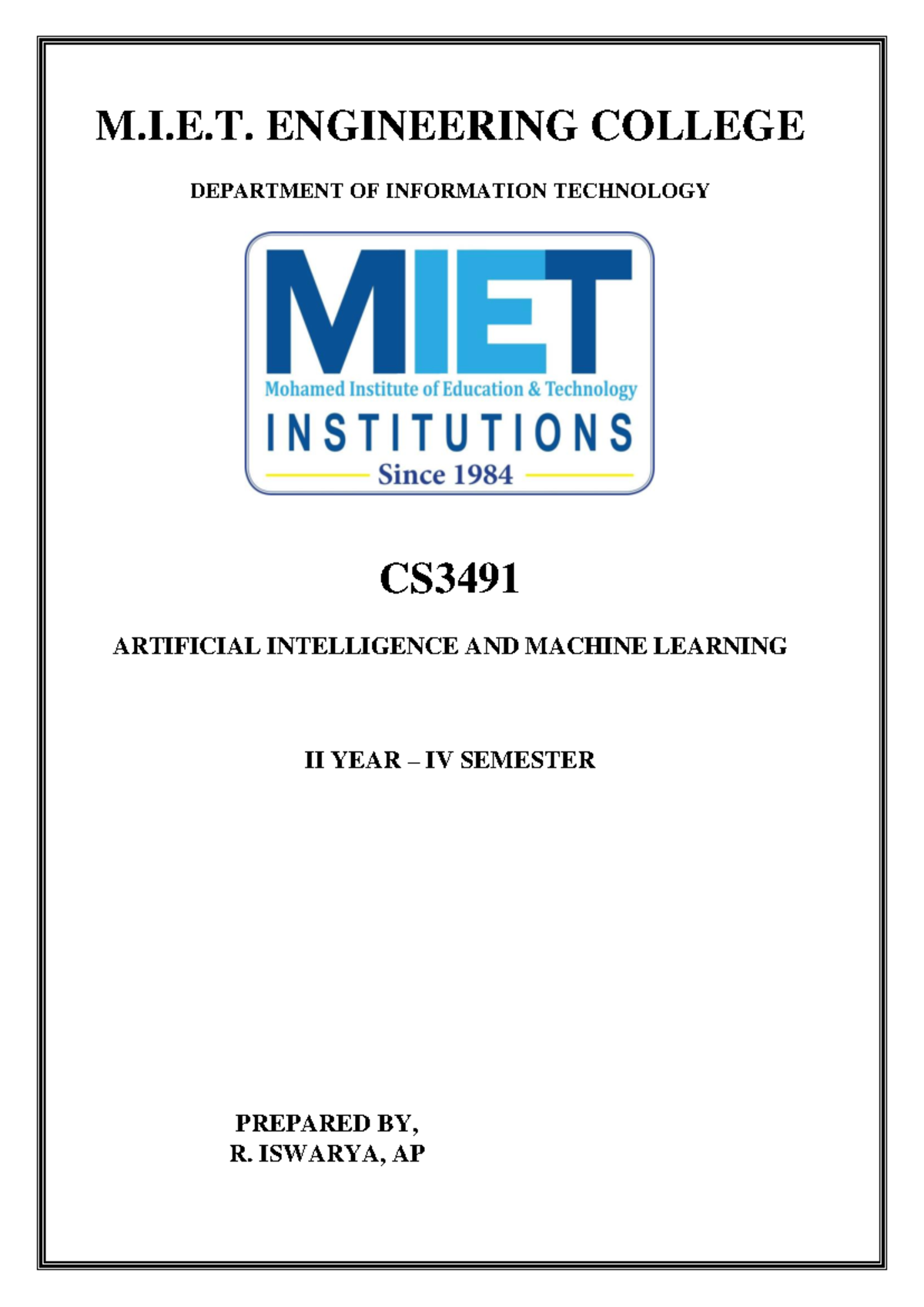 CS3491 AI & ML II Year IV Sem Experiment Manual with Outputs - Studocu