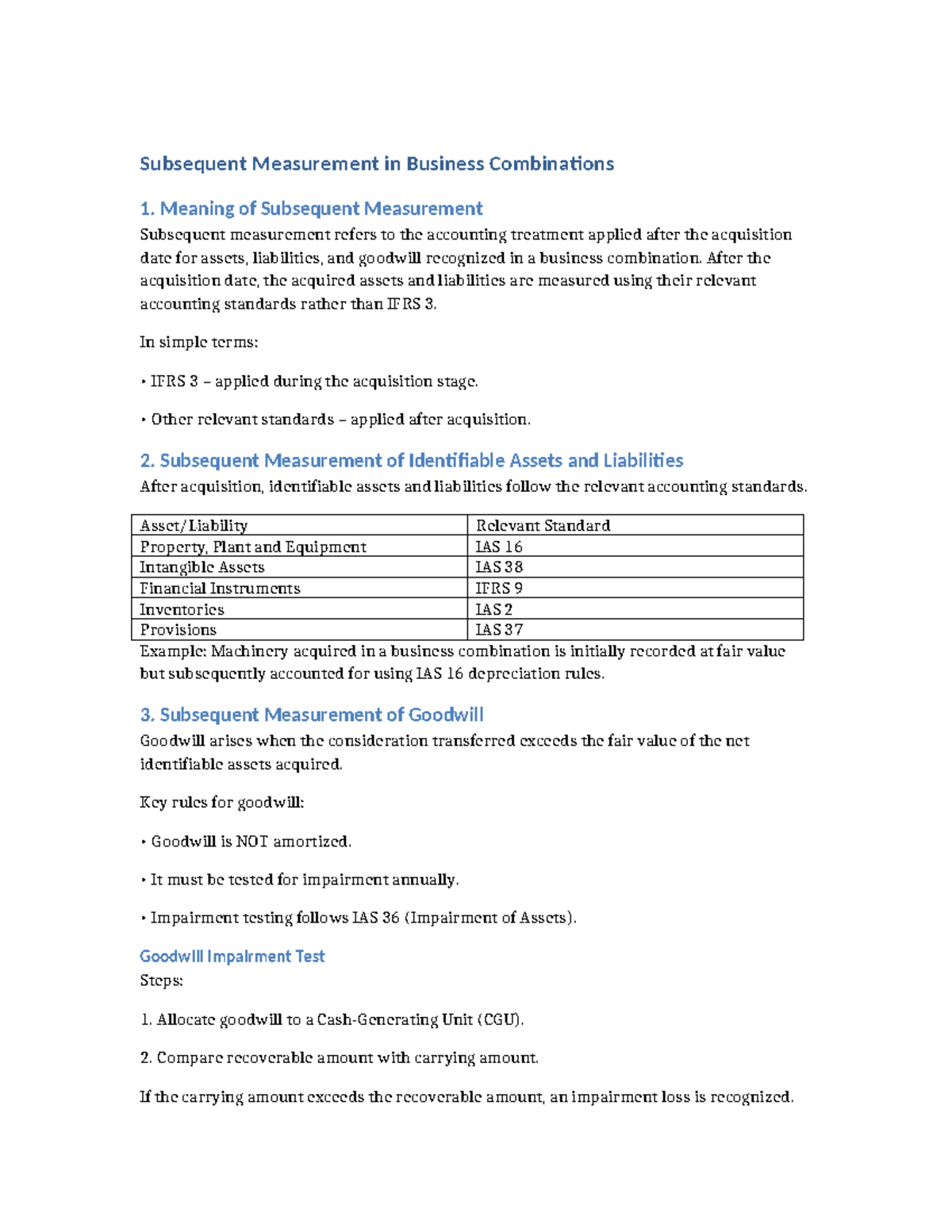 Subsequent Measurement in Business Combinations: Key Notes - Studocu