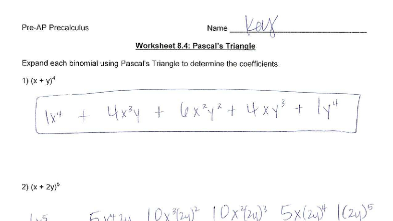 Precalculus 9E Worksheet 8.4: Binomial Expansion Using Triangle - Studocu