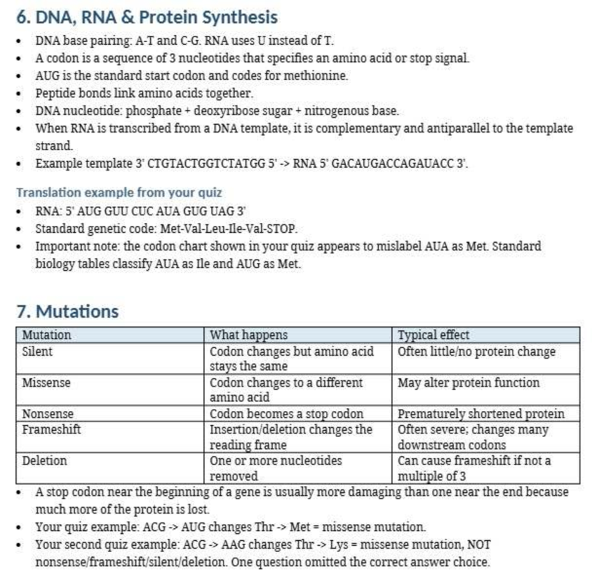 Lecture Notes: DNA, RNA & Protein Synthesis and Mutations - Studocu