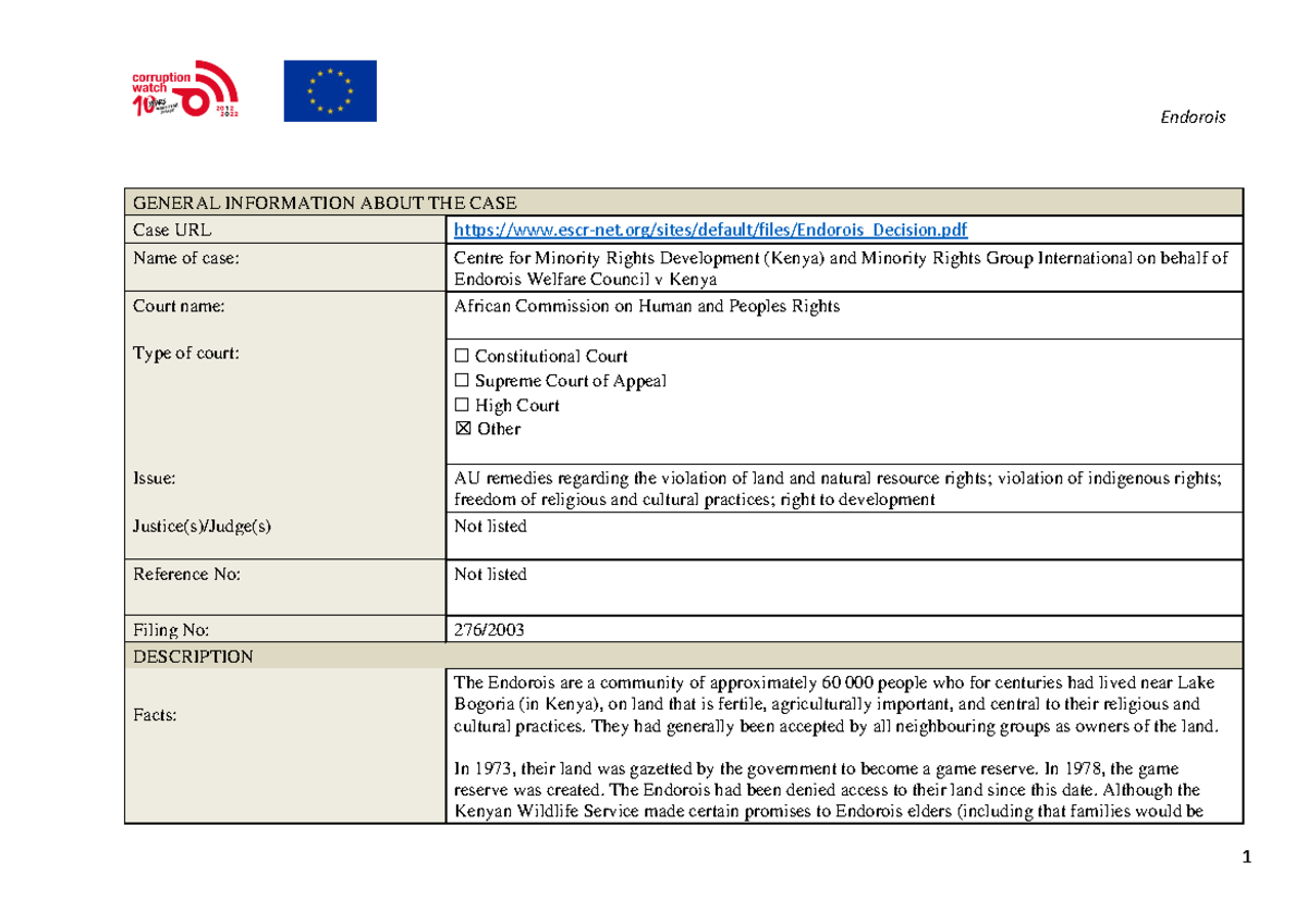 Endorois Case Study: Rights Violations and Land Dispute Analysis - Studocu
