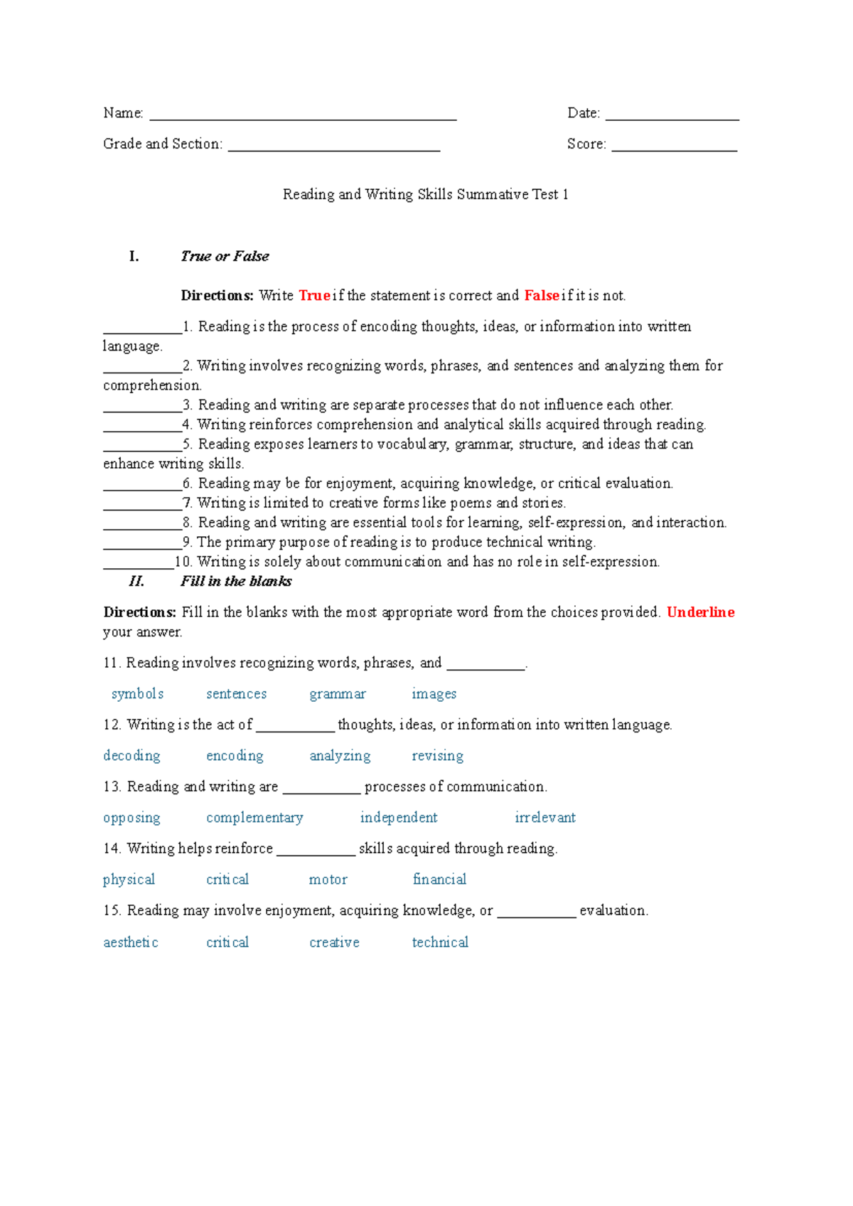Reading and Writing Skills Summative Test 1 (RWS 101) - Studocu