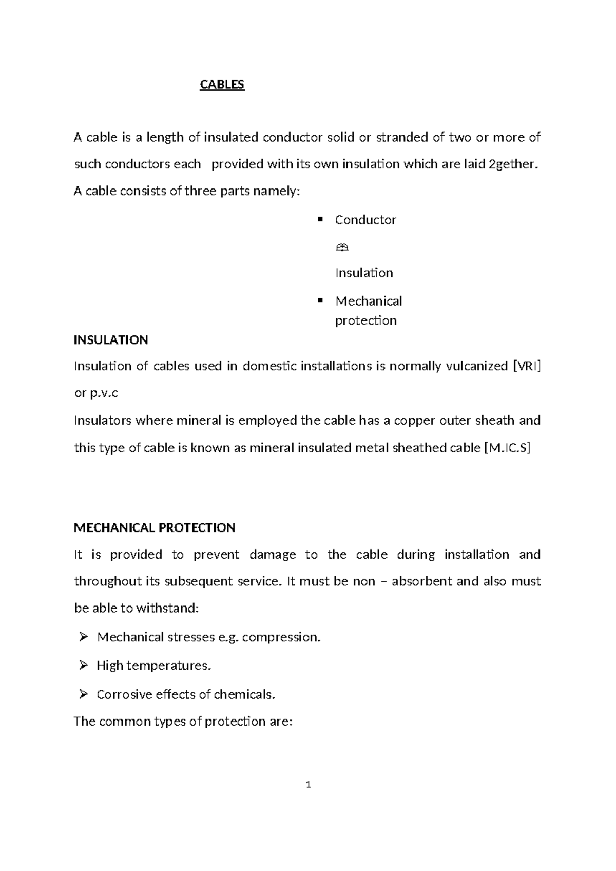 Cables Notes - Electrical Wiring and Insulation Details - Studocu