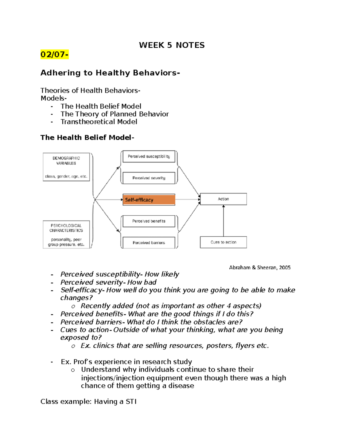 WEEK 5 Lecture Notes on Health Behavior Theories - Prof. Dubyak - Studocu