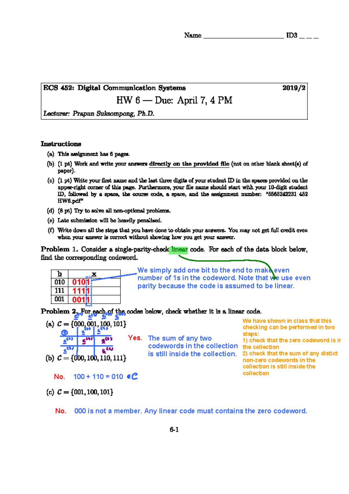 ECS452 2019 Post-Midterm Homework on Linear Block Codes - Studocu