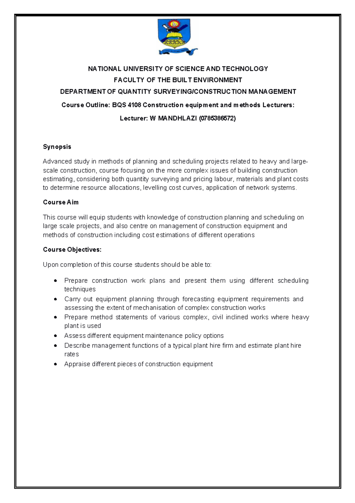 Construction Equipment and Methods Course Outline - BQS 4108 - Studocu