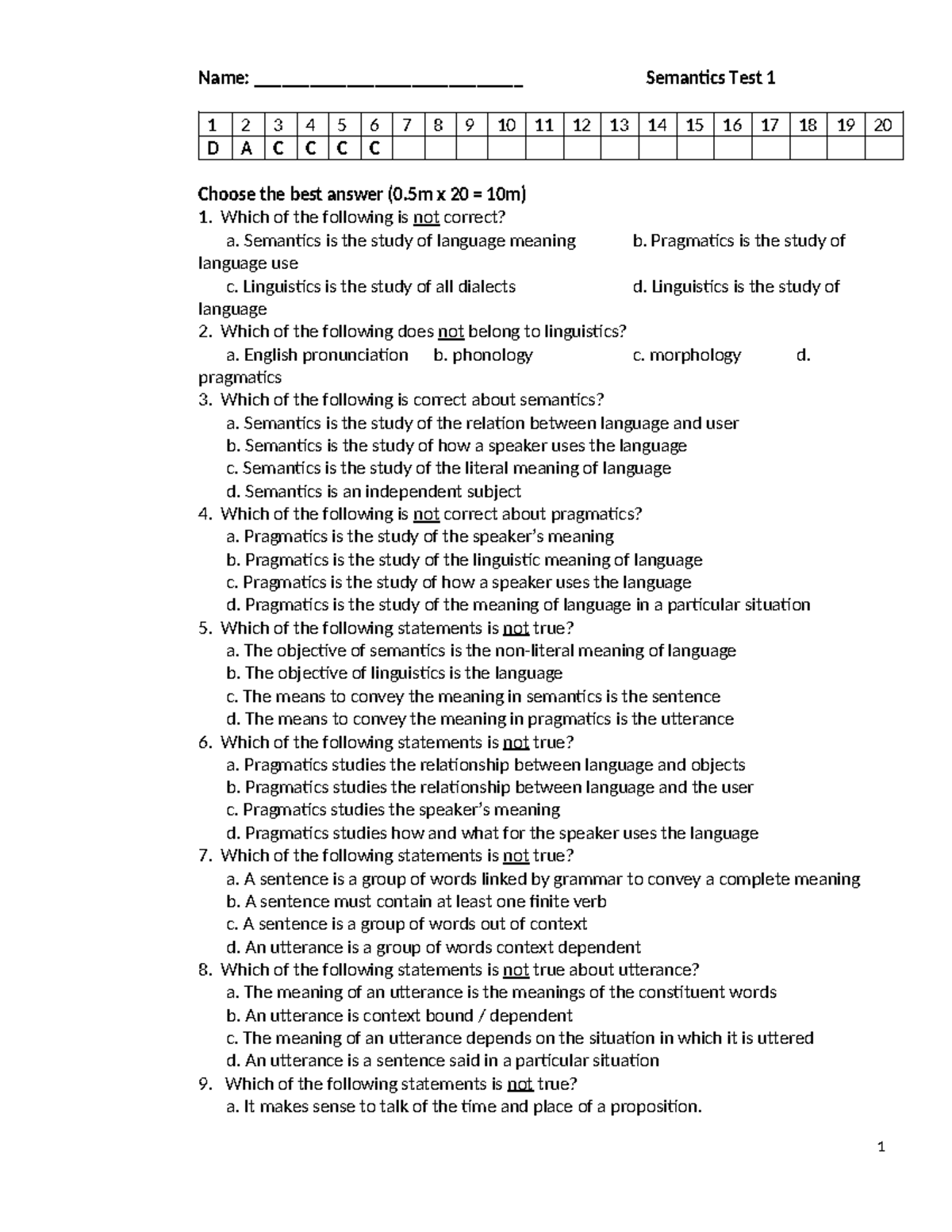 Semantics Test 1 - Course Code: 1D2A3C4C5C6C7C8C9C10 - Studocu