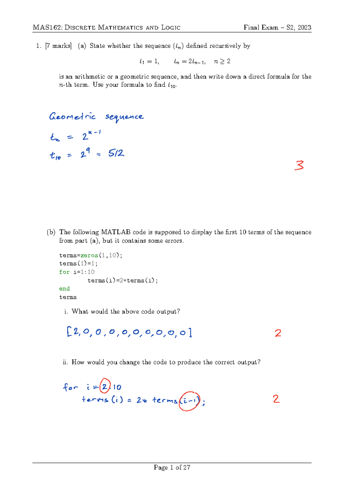 MAS162 Sem 2 2023 Final Solutions - MAS162: Discrete Mathematics and ...