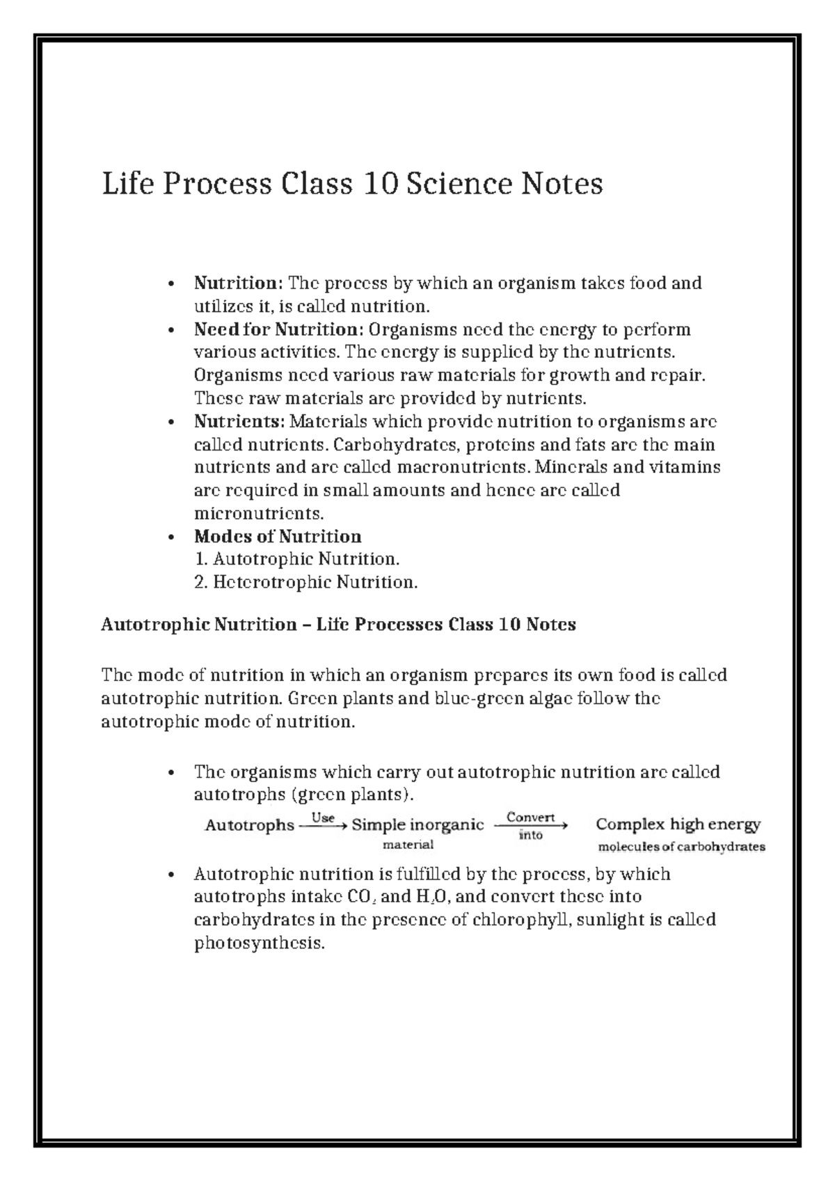 Gr-10 Life Processes: Complete Notes on Nutrition & Respiration - Studocu