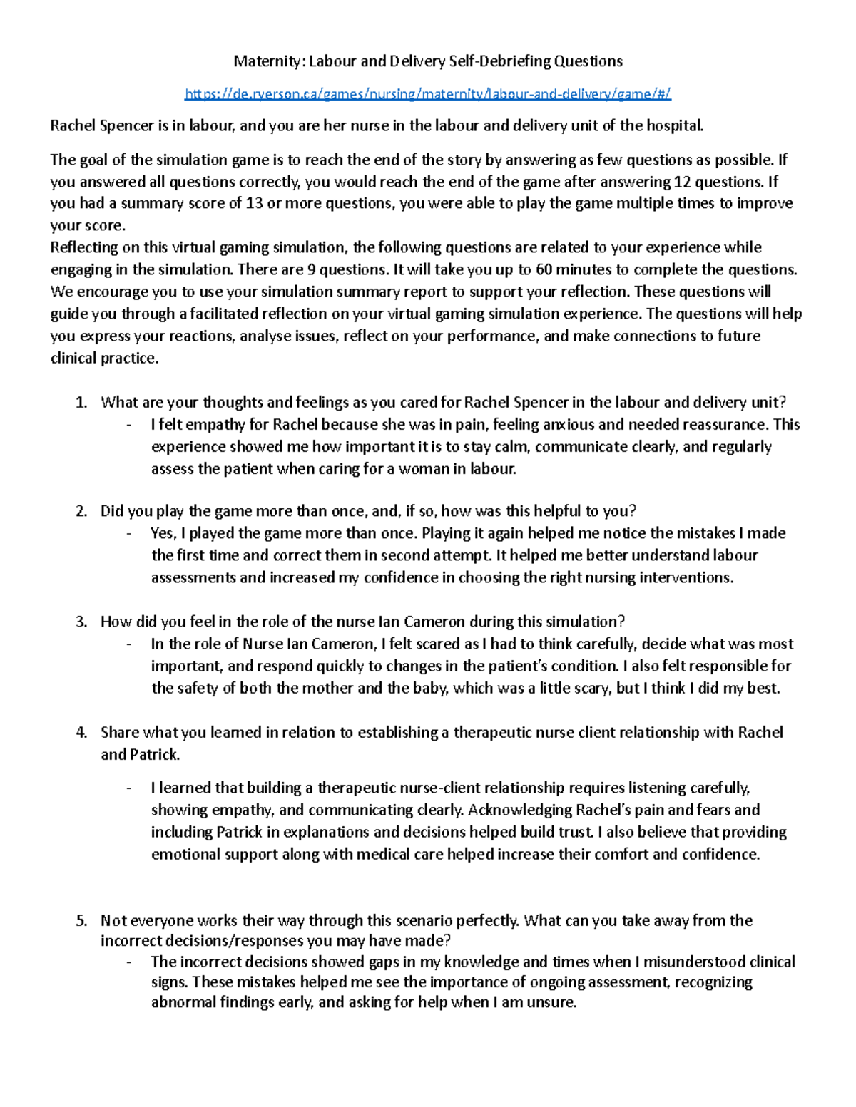 Labour and Delivery Simulation Reflection Questions (NURS 101) - Studocu