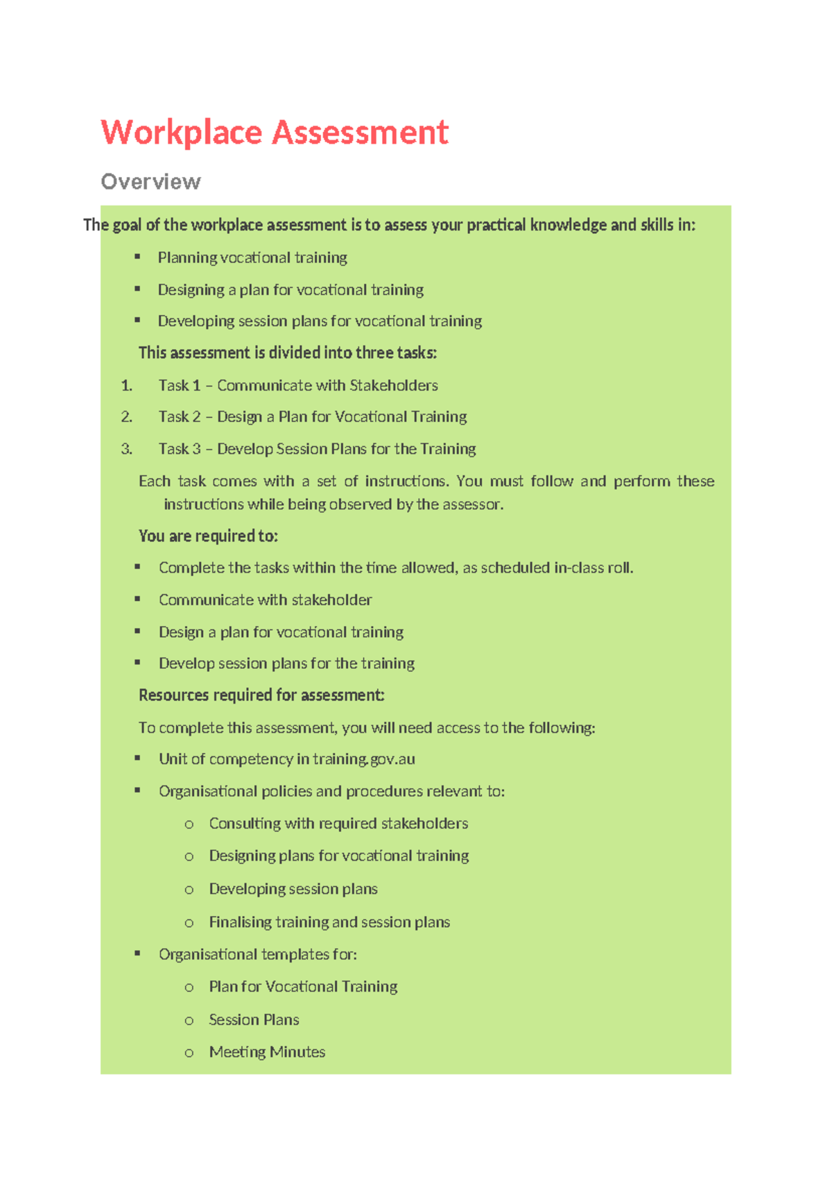 Workplace Assessment Overview: Vocational Training Planning & Design ...