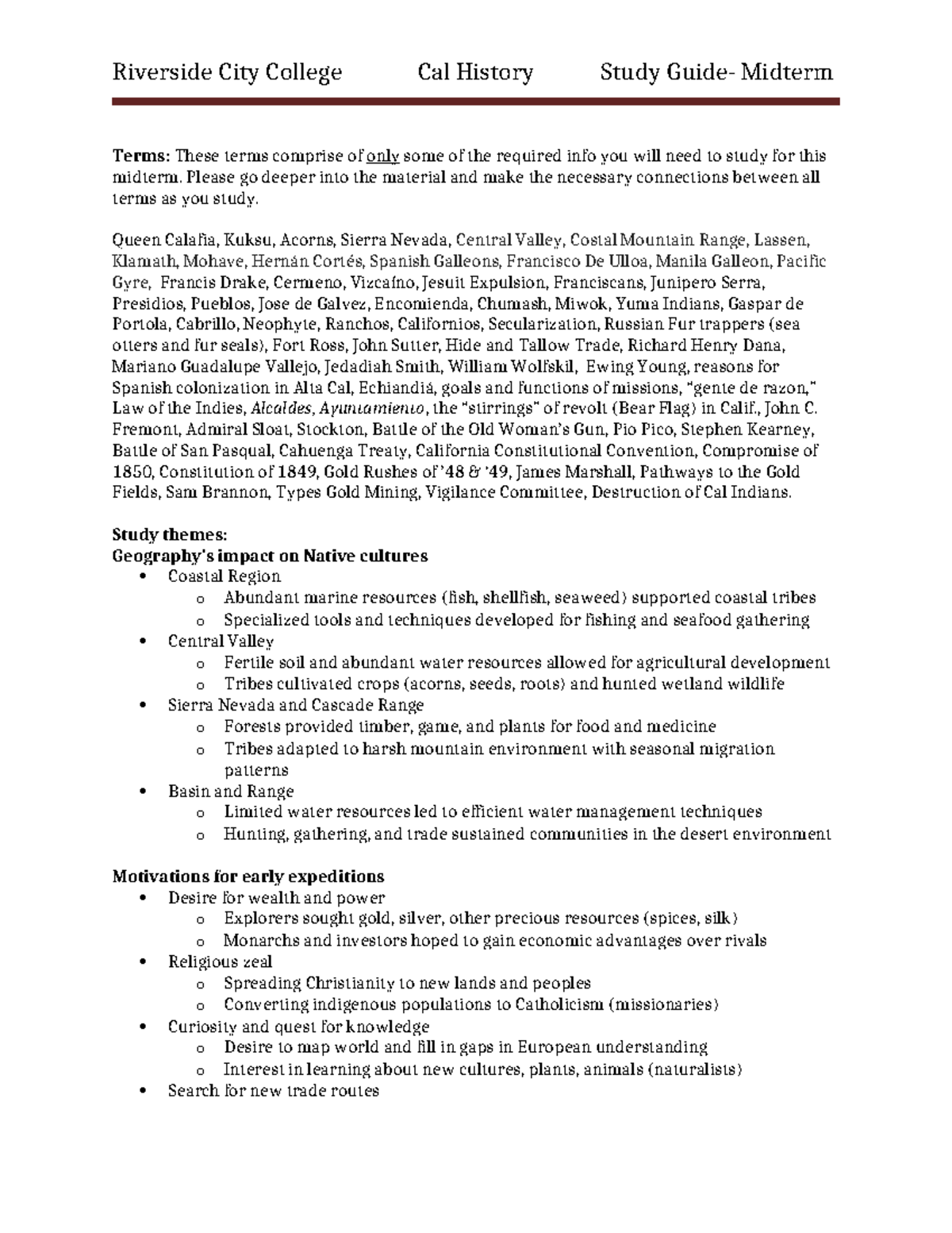 RCC Cal History Midterm Study Guide: Key Terms & Themes - Studocu