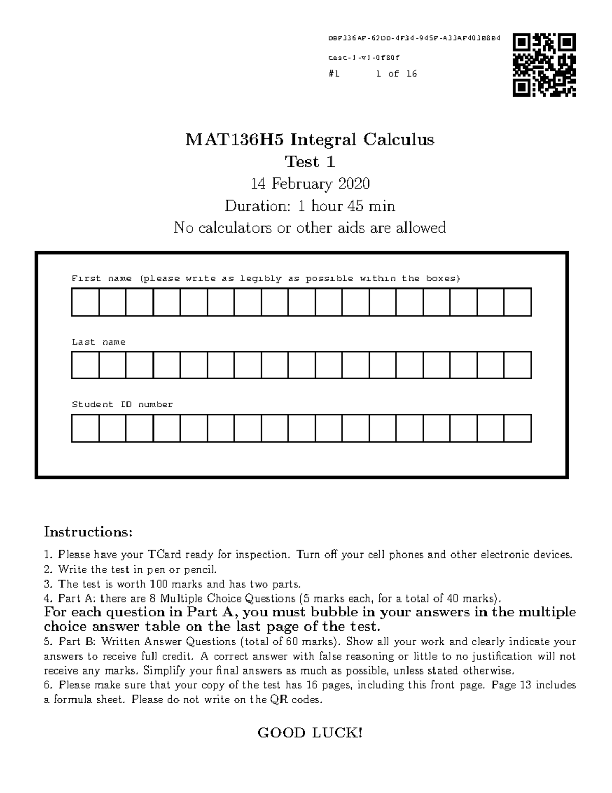 MAT136 Test 1 2020 - MAT136H5 Integral Calculus Test 1 14 February 2020 ...
