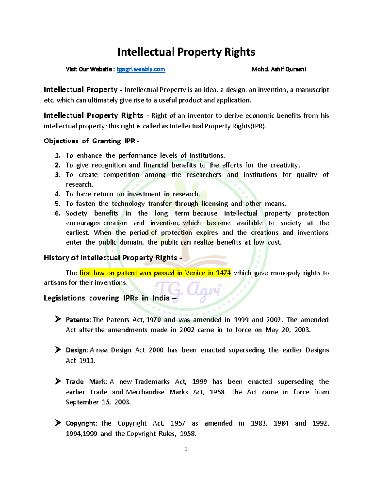 Intellectual Property Rights (IPR) - Comprehensive Study Notes - Studocu