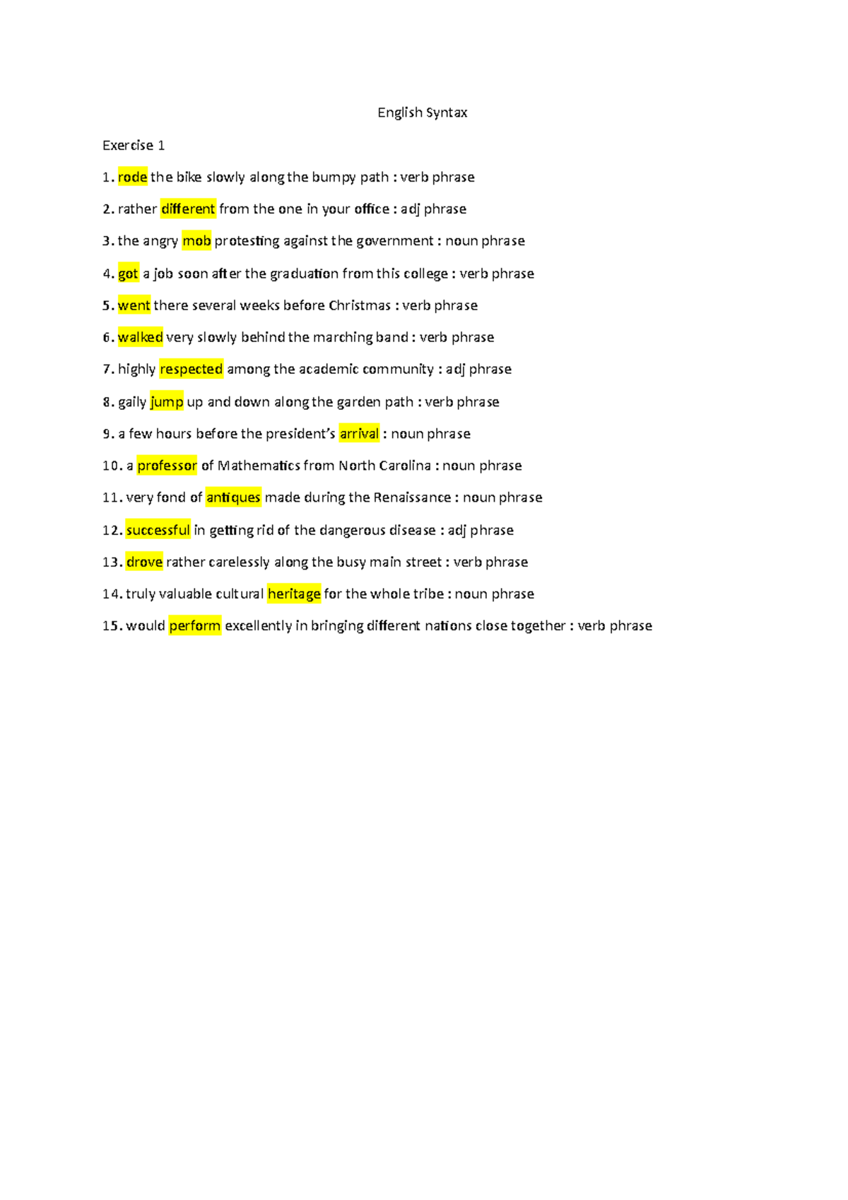 English Syntax Exercise 1: Identifying Phrases and Structures - Studocu