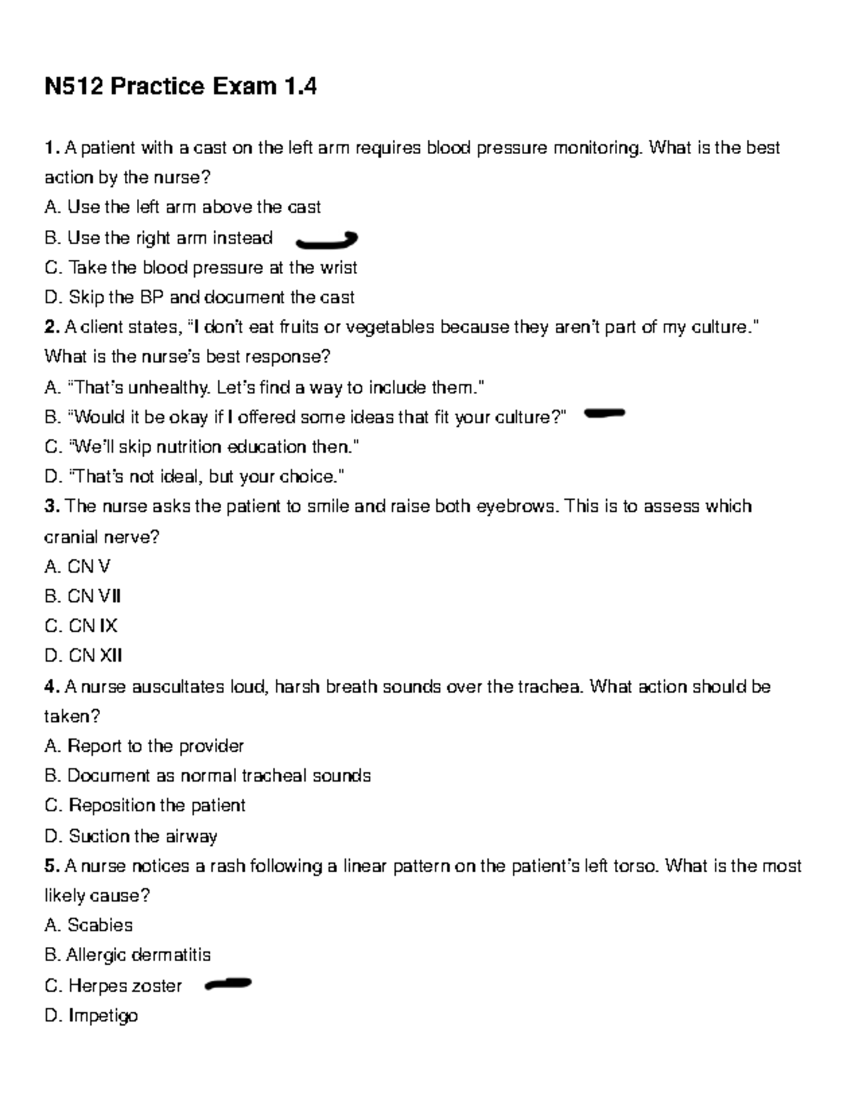 N512 Health Assessment Practice Exam 1: Key Questions & Answers - Studocu