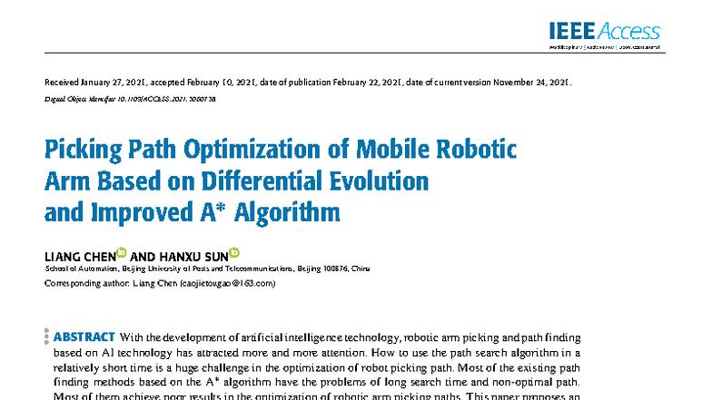 Picking Path Optimization of Mobile Robotic Arm Based on Differential ...