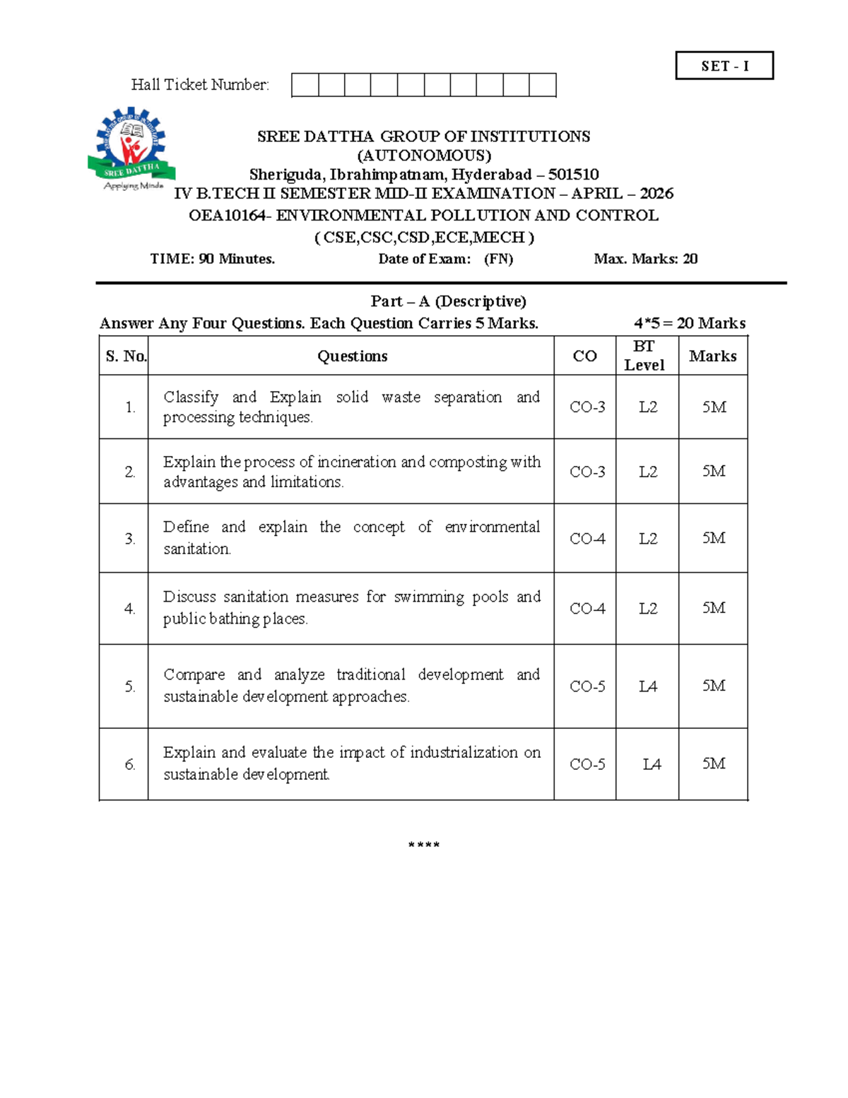 EPC QP MID II - Environmental Pollution & Control Exam Questions - Studocu