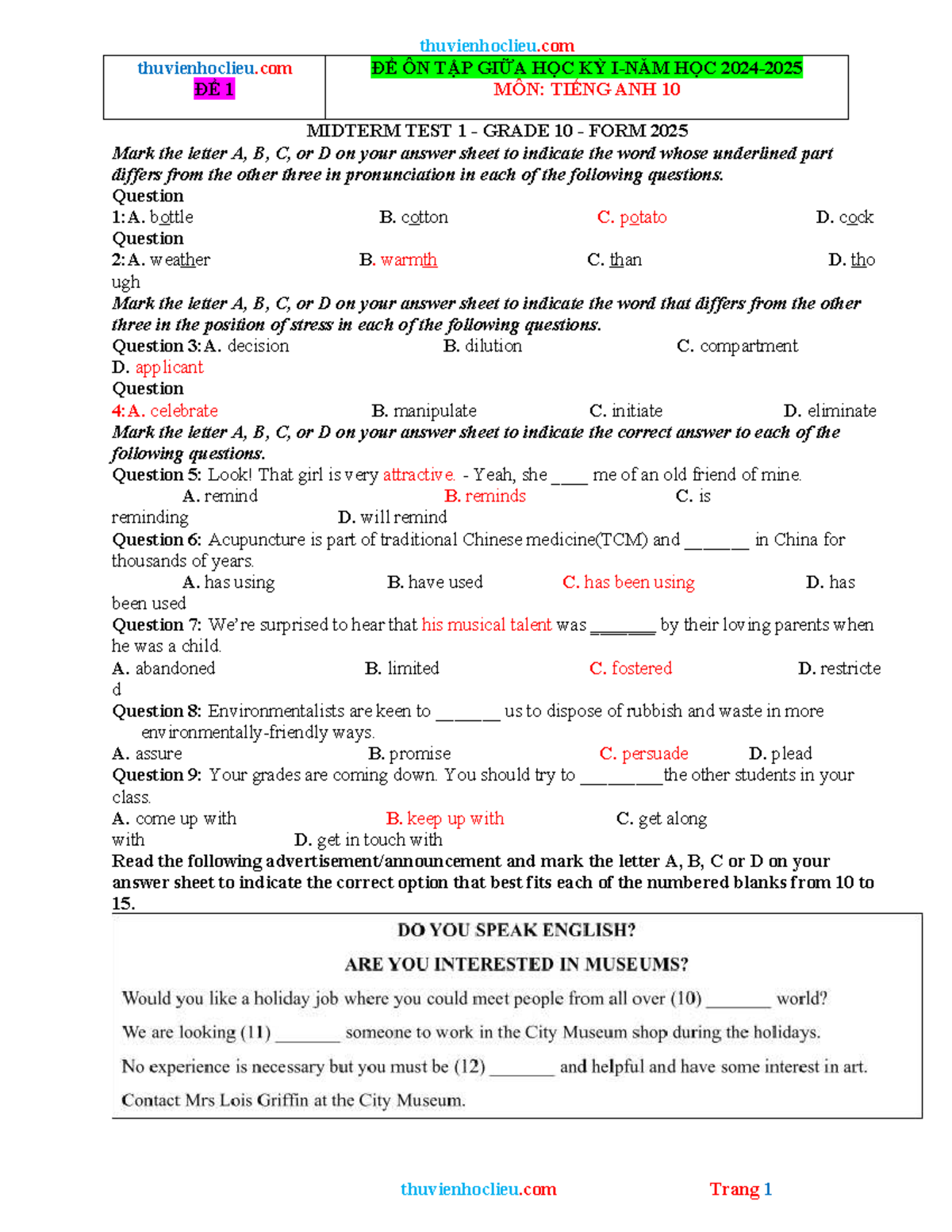 ĐỀ ÔN TẬP GIỮA HỌC KỲ TIẾNG ANH 10 - MIDTERM TEST 1 GRADE 10 - Studocu