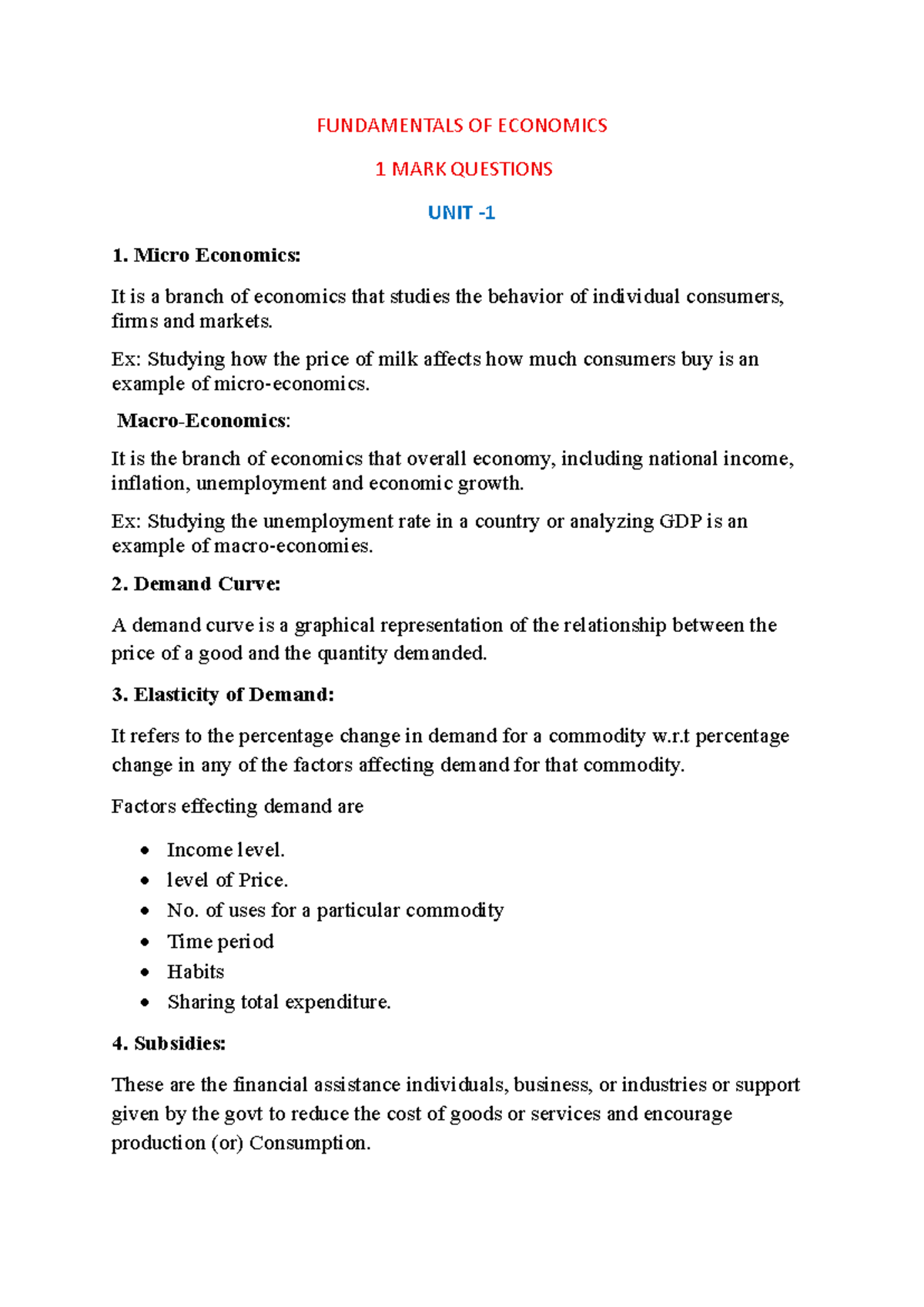 FUNDAMENTALS OF ECONOMICS 1 MARK QUESTIONS UNIT 1-4 - Studocu