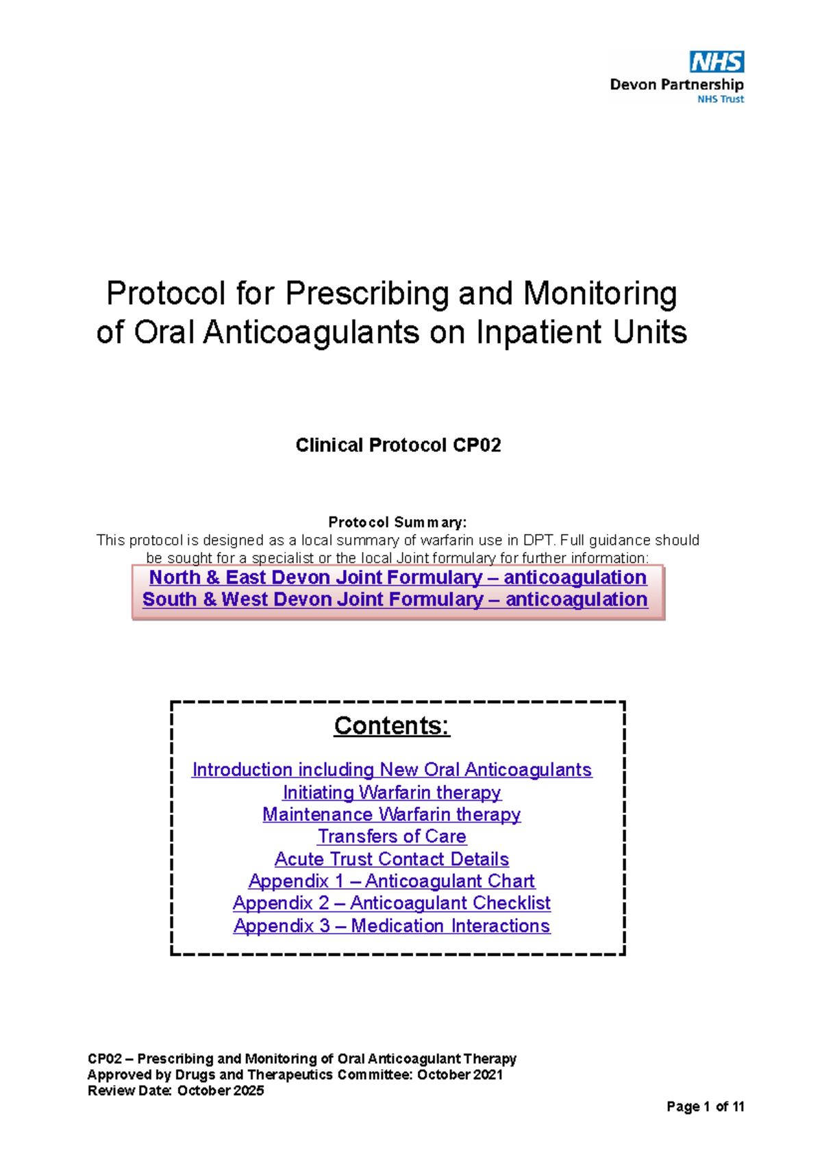 CP02 Oral Anticoagulant - Protocol for Prescribing and Monitoring of ...