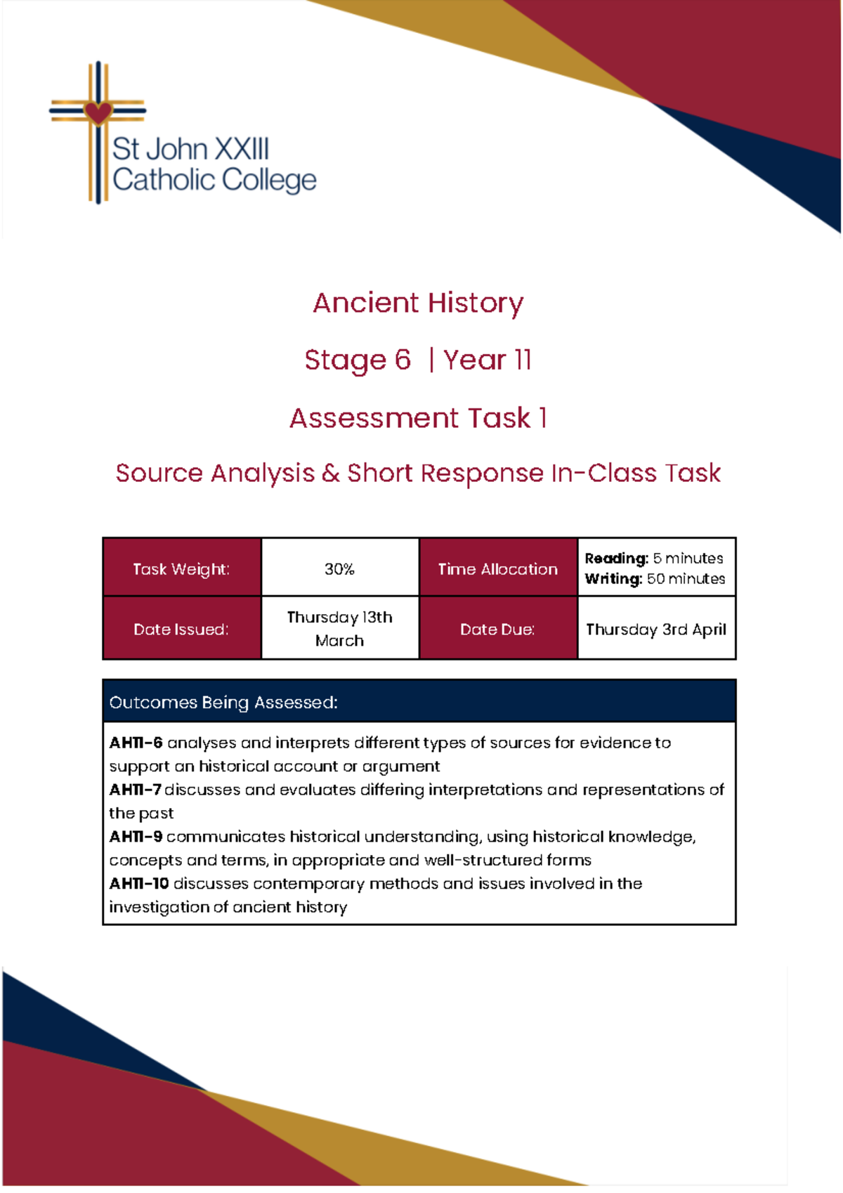 Ancient History (Year 11): In-Class Source Analysis & Response Task ...