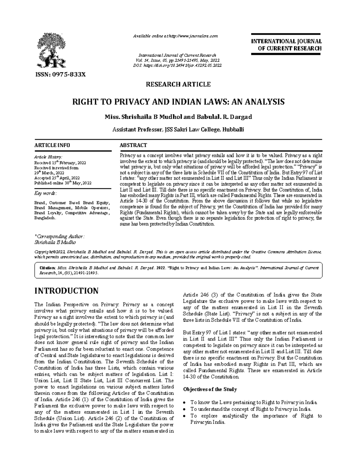 Right to Privacy and Indian Laws: An Analytical Study (43292) - Studocu