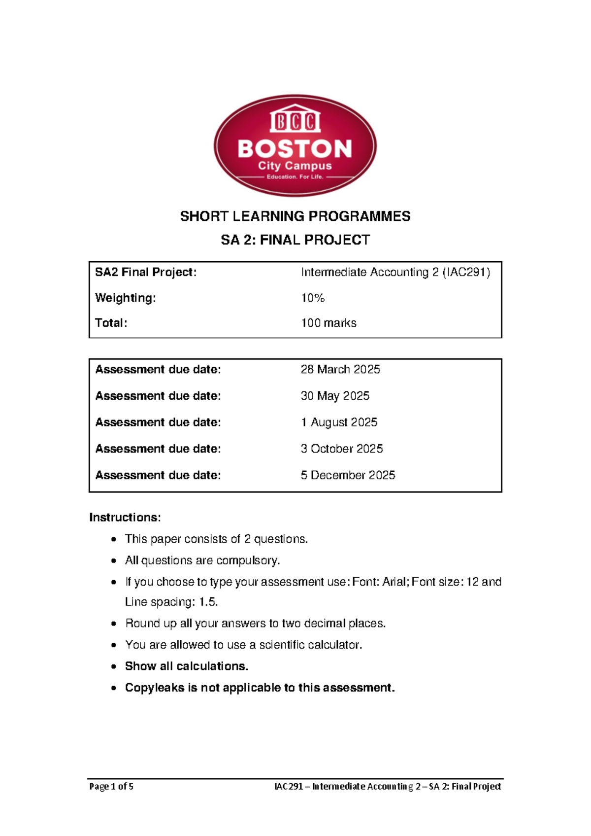 IAC291 - SA2 Exam V2 2001 2025 - SHORT LEARNING PROGRAMMES SA 2: FINAL ...