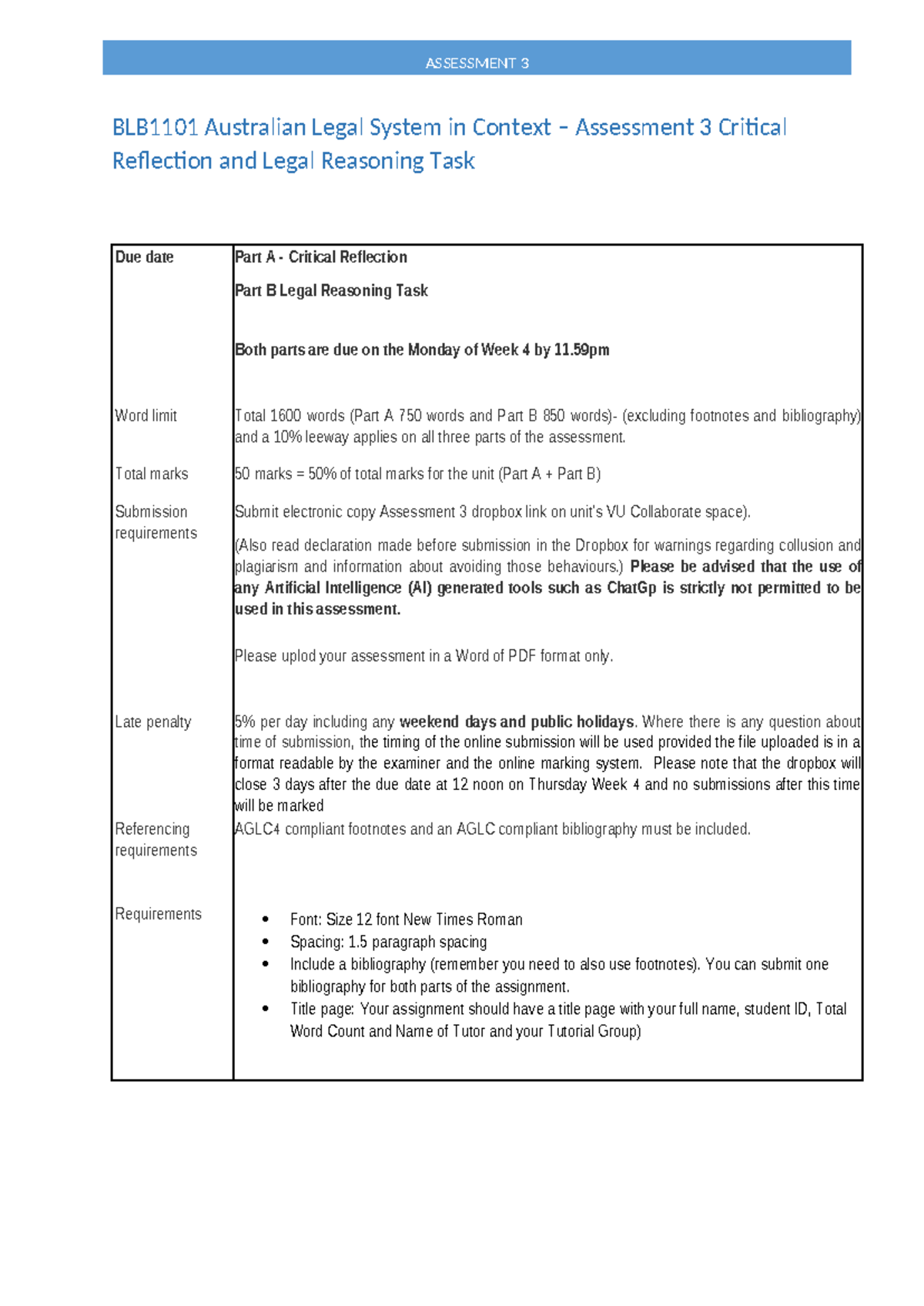 BLB1101 Assessment 3: Critical Reflection & Legal Reasoning Task Guide ...