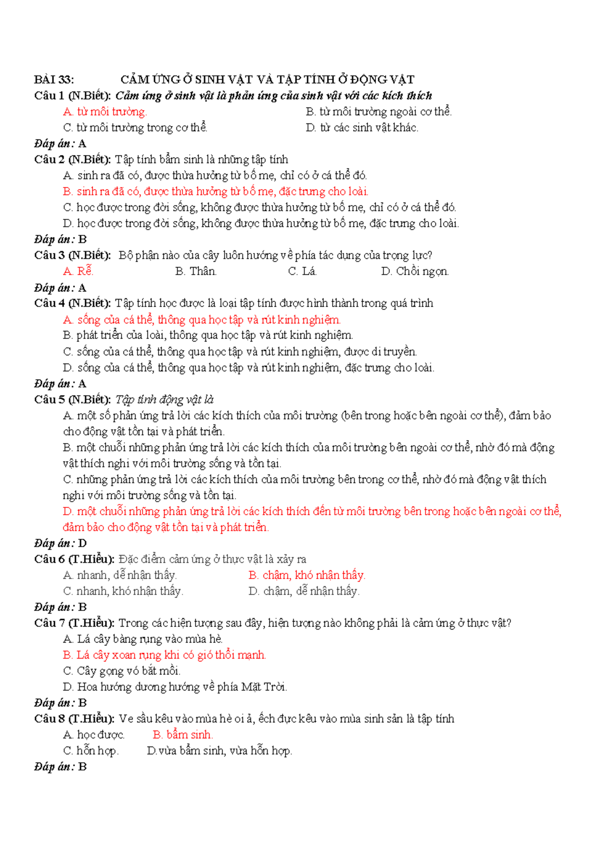 BÀI 33: CẢM ỨNG VÀ TẬP TÍNH Ở SINH VẬT (KHTN) - Document Preview