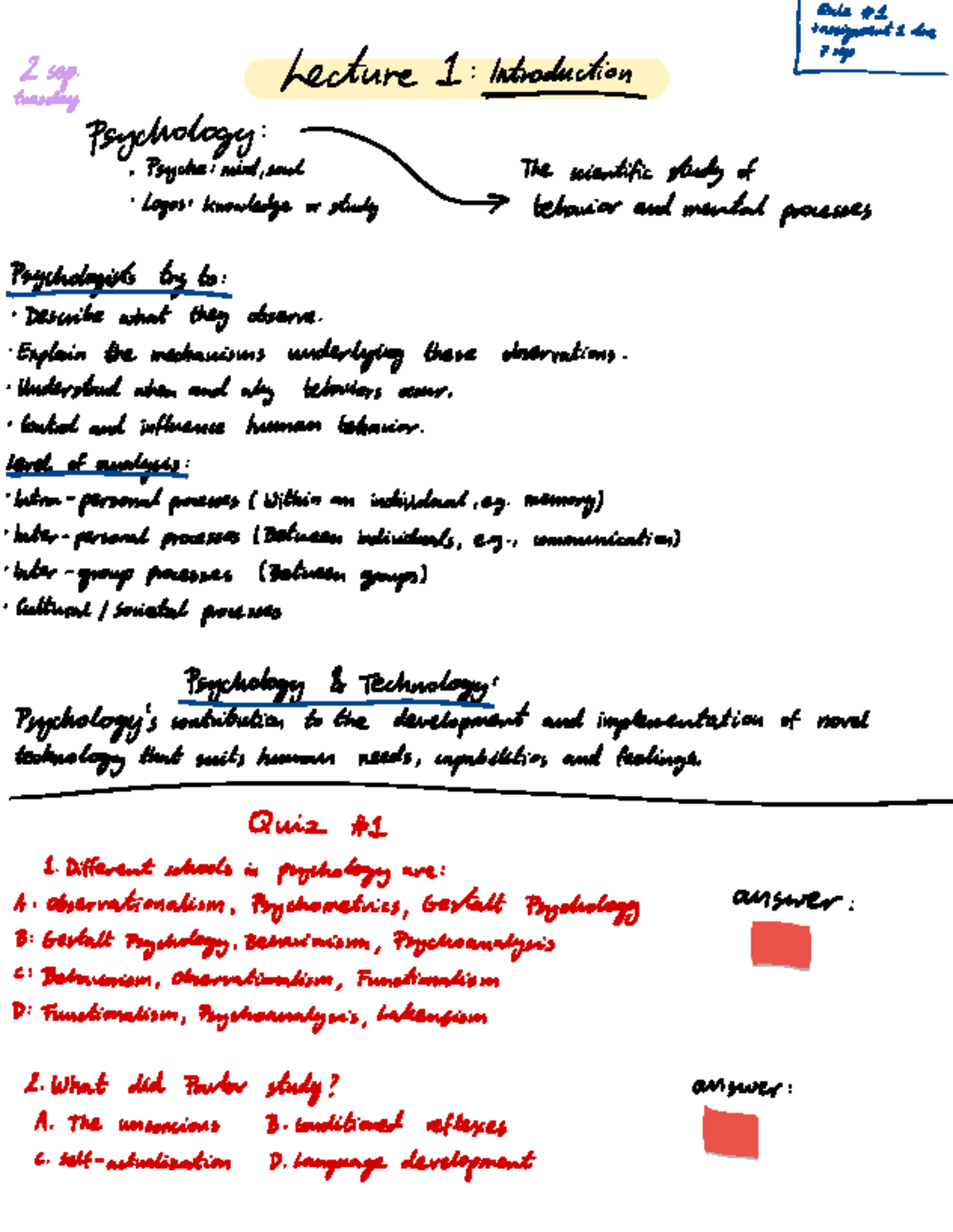 Psy 101: Intro to Psychology & Technology - Chapter 1 Notes - Studeersnel