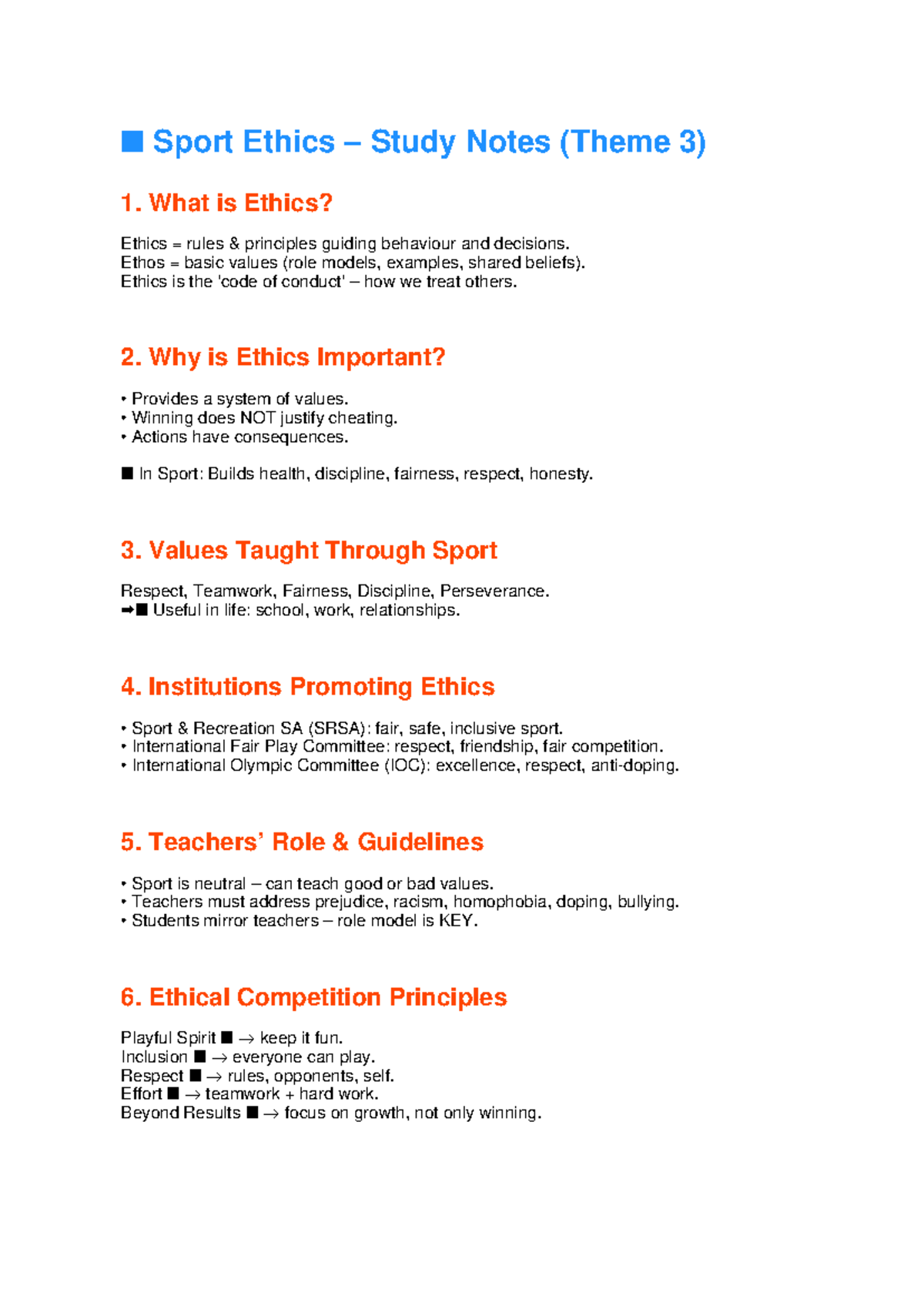 Sport Ethics Study Notes (Theme 3): Principles & Values in Sports - Studocu