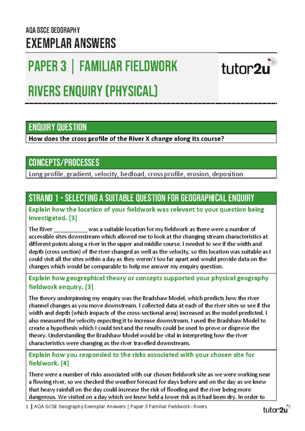 AQA GCSE Geography Exemplar Answers: Paper 3 Fieldwork on River ...