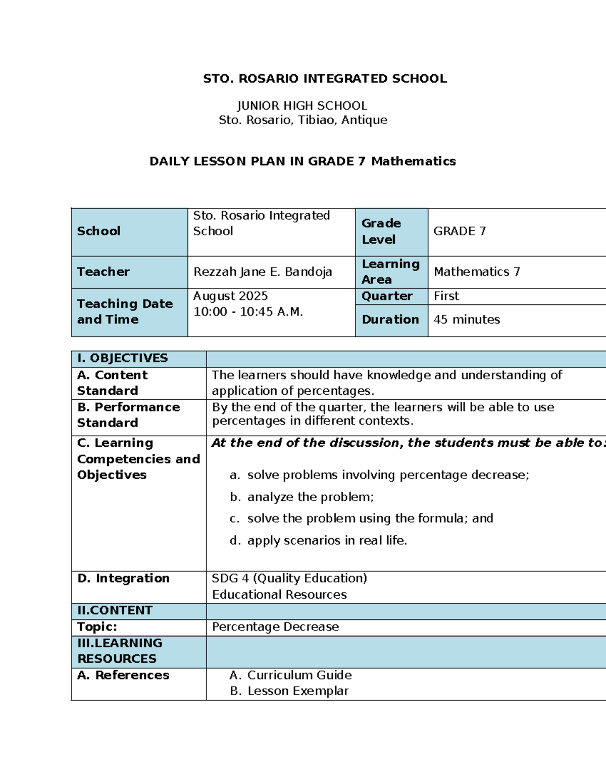 DLP MATH 7 Q1 - Daily Lesson Plan on Percentage Decrease - Studocu