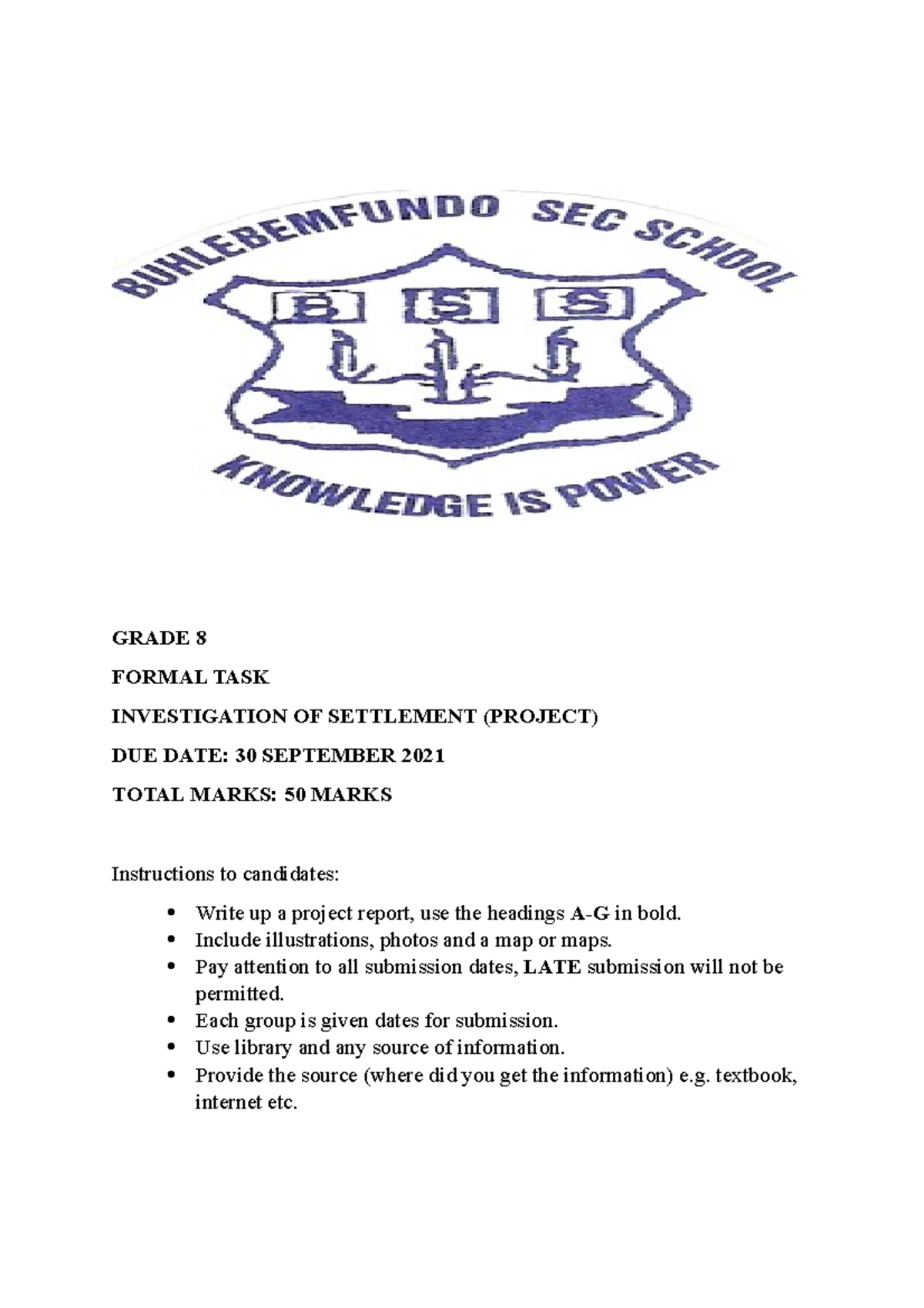 Grade 8 project quesyions and solution - GRADE 8 FORMAL TASK ...